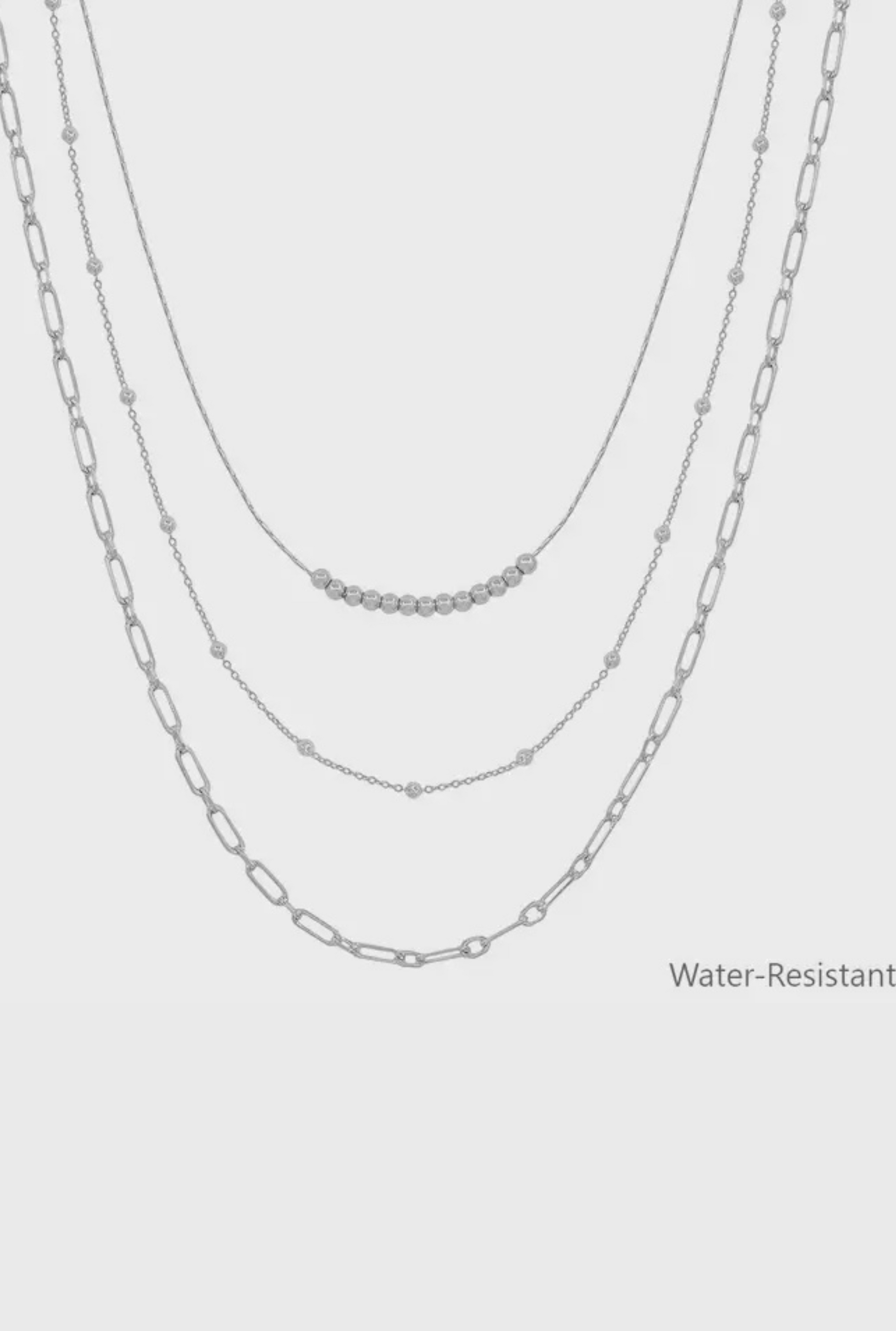 Water Resistant Triple Layered Silver Thin Dotted Chain 16"-18" Necklace
