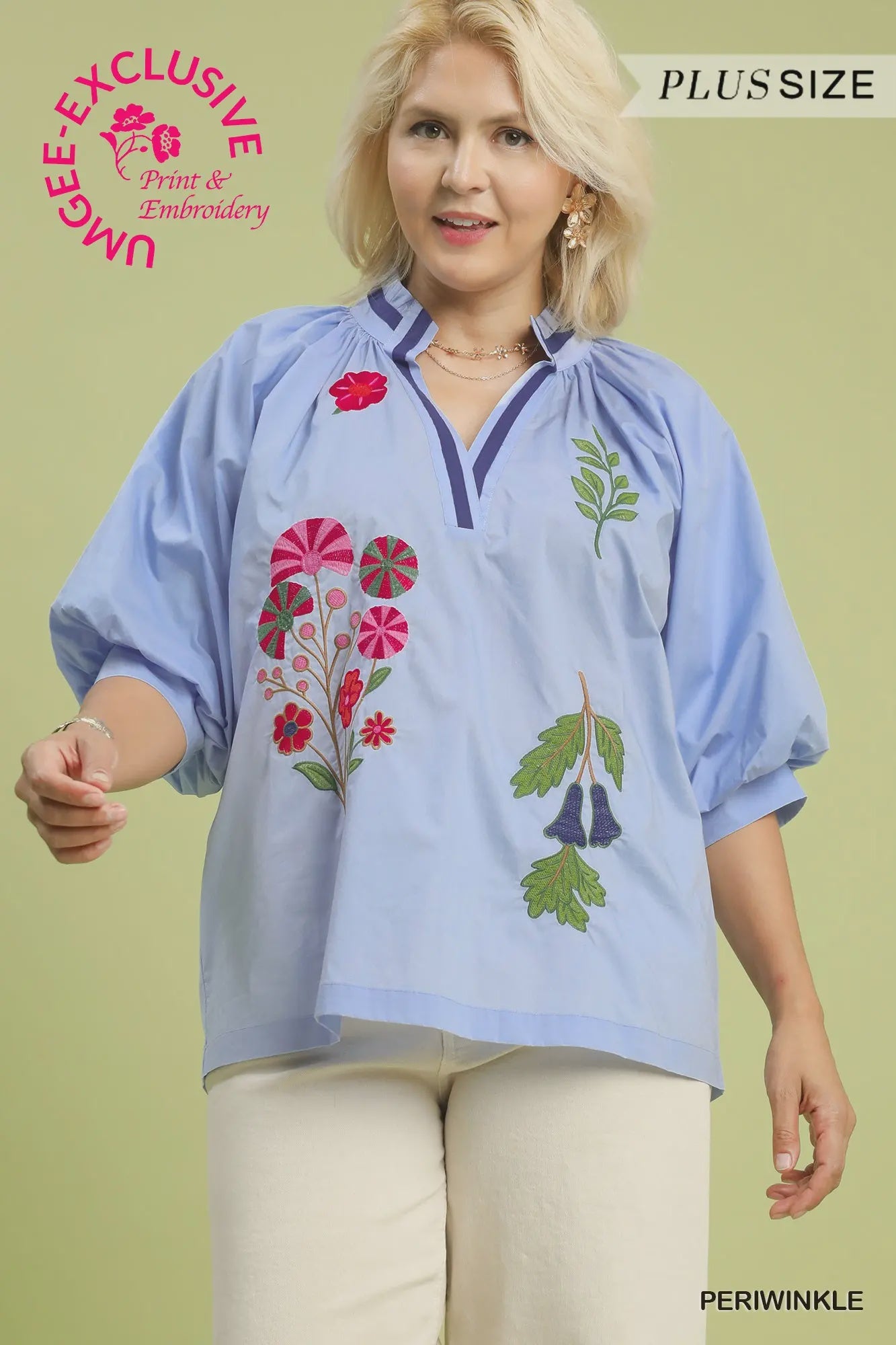 CURVY PERIWINKLE EMBROIDERED FLORAL TOP