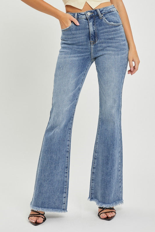 HIGH RISE VINTAGE FRAYED HEM FLARE JEANS