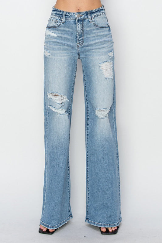 HIGH RISE WIDE LEG DISTRESSED JEANS