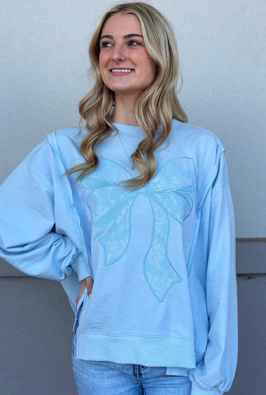 BLUE PATCHWORK BOW SWEATER