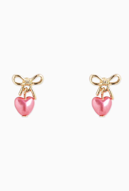 Tiny Bow and Pearl Heart Drop Earrings