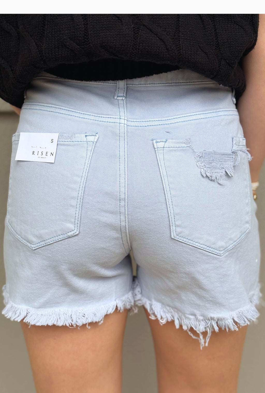 ICE BLUE HIGH RISE DISTRESSED DETAIL SHORTS