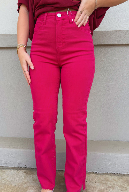 HIGH RISE TUMMY CONTROL RAW HEM WITH SIDE SLIT STRAIGHT JEANS