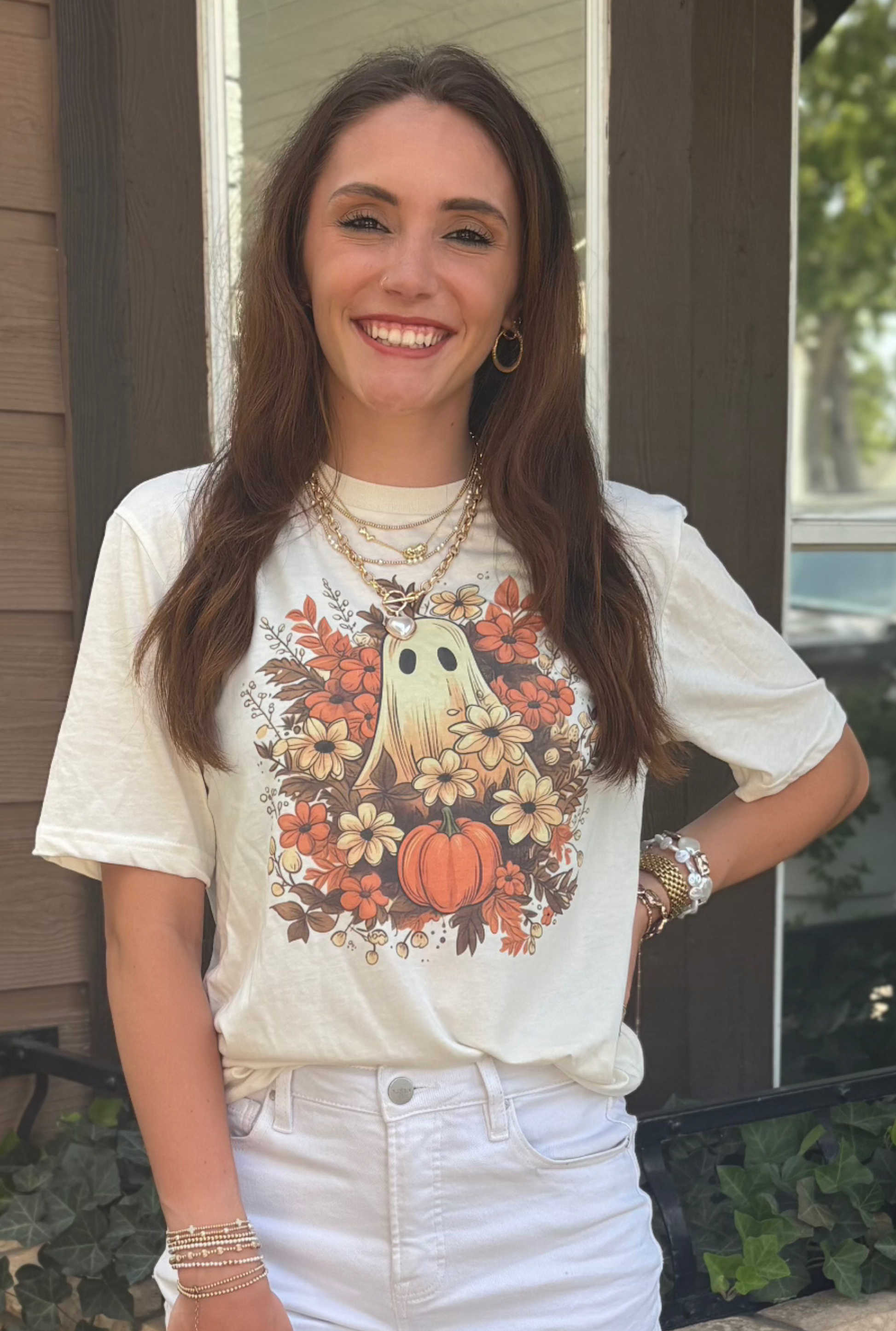 Fall Halloween Ghost Vintage Floral Preppy Ghost Graphic Tee