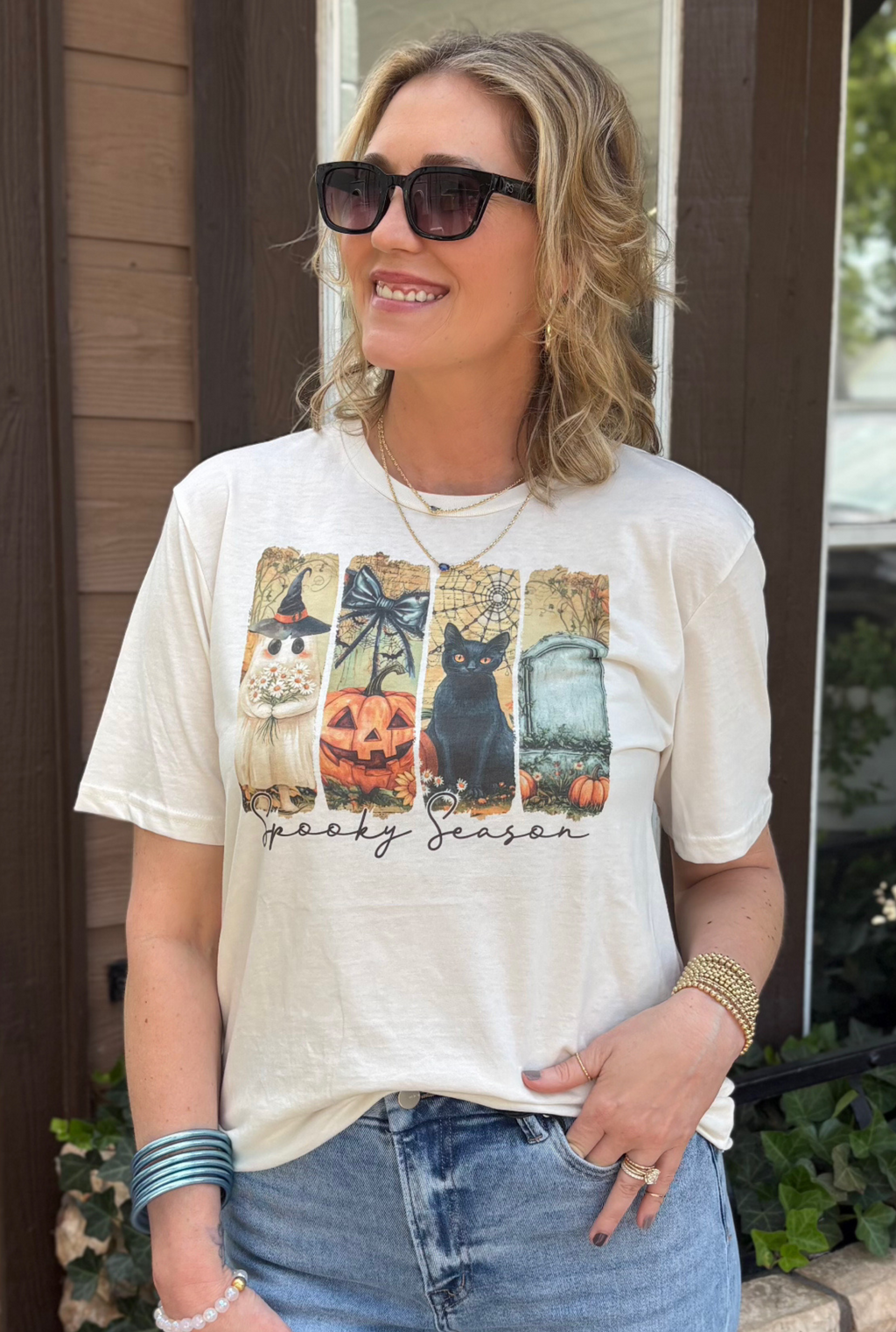Halloween Spooky Season Black Cat Pumpkin Panel Graphic Tee