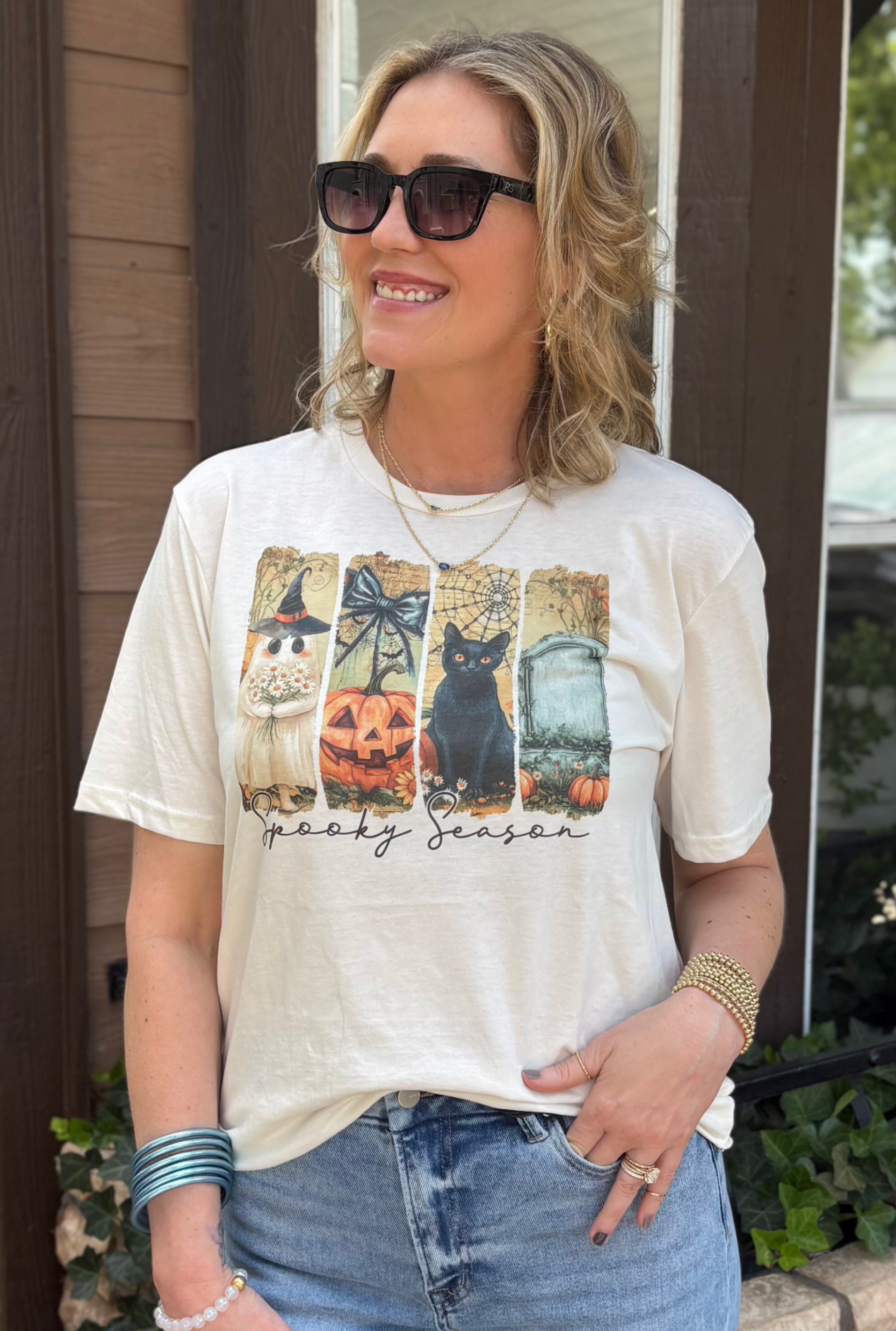 Halloween Spooky Season Black Cat Pumpkin Panel Graphic Tee