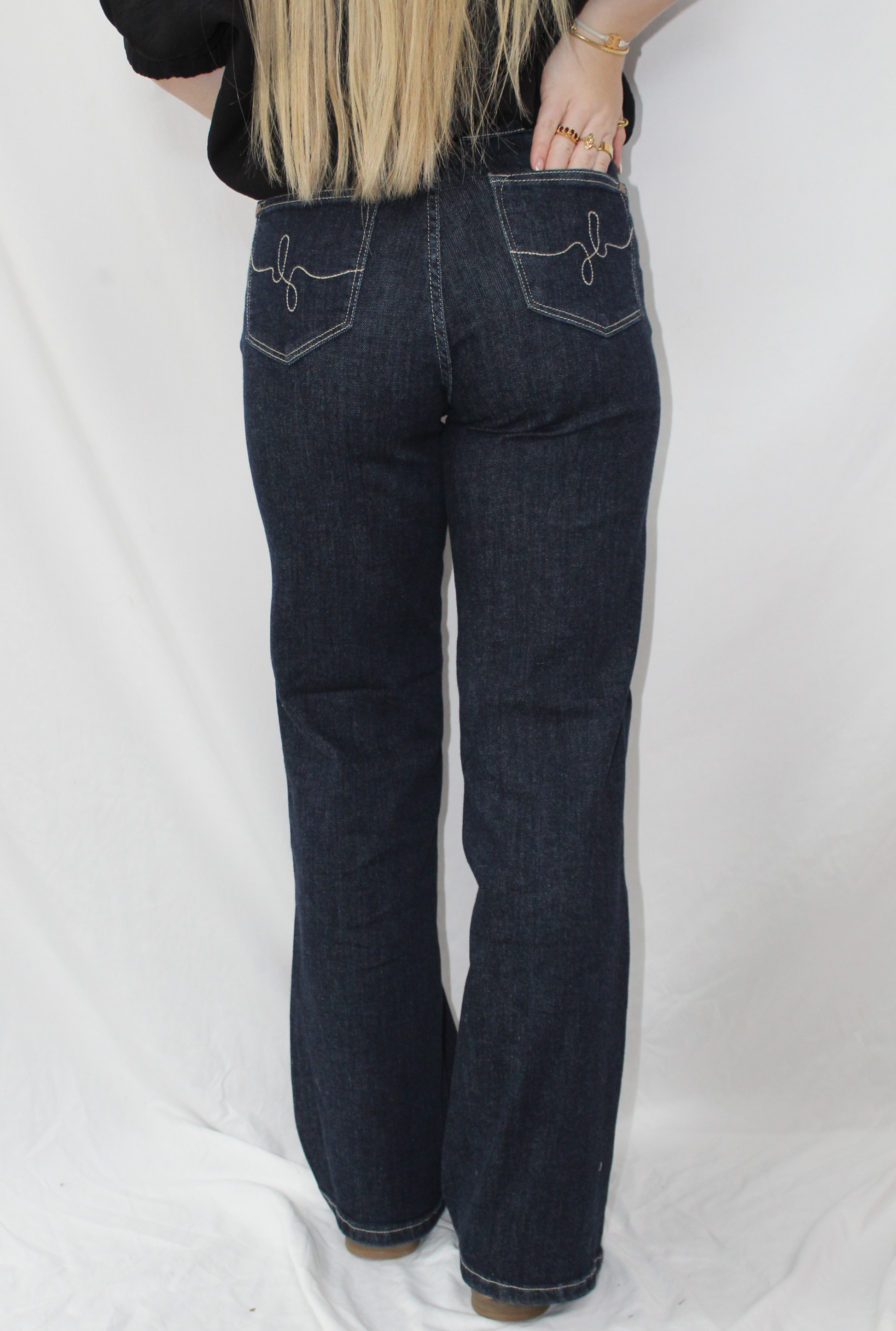 HIGH WAIST RINSE WASH GEOMETRIC WAISTBAND & POCKET EMBROIDERY WIDE LEG