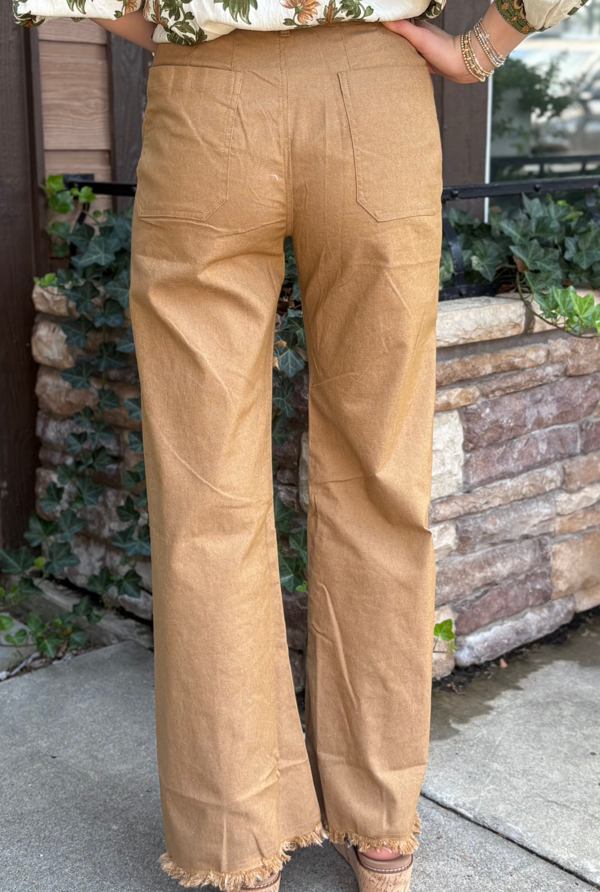 CAMEL FRAYED HEM PANTS