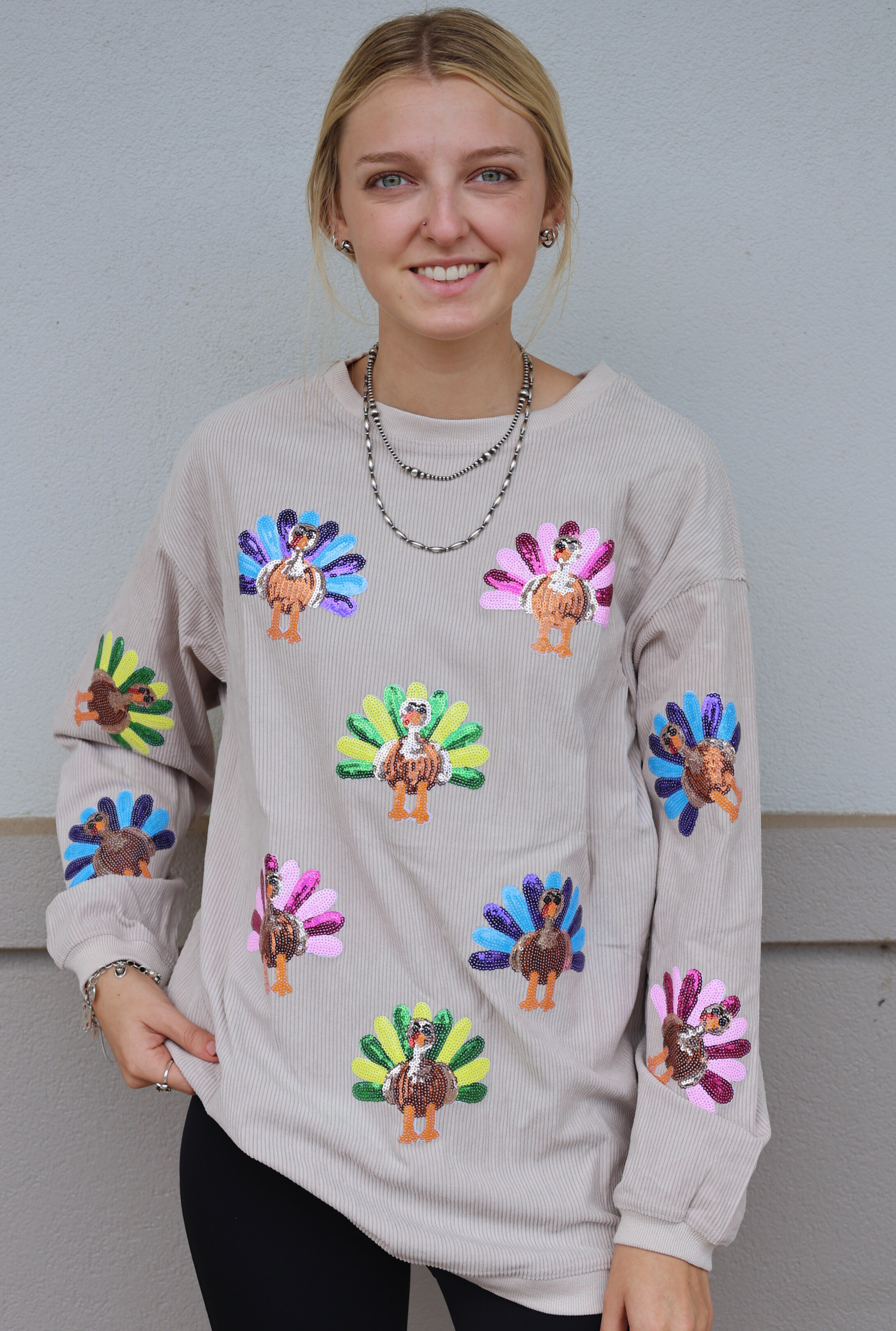 Sequin Turkey Patch Thanksgiving Corduroy Sweatshirt