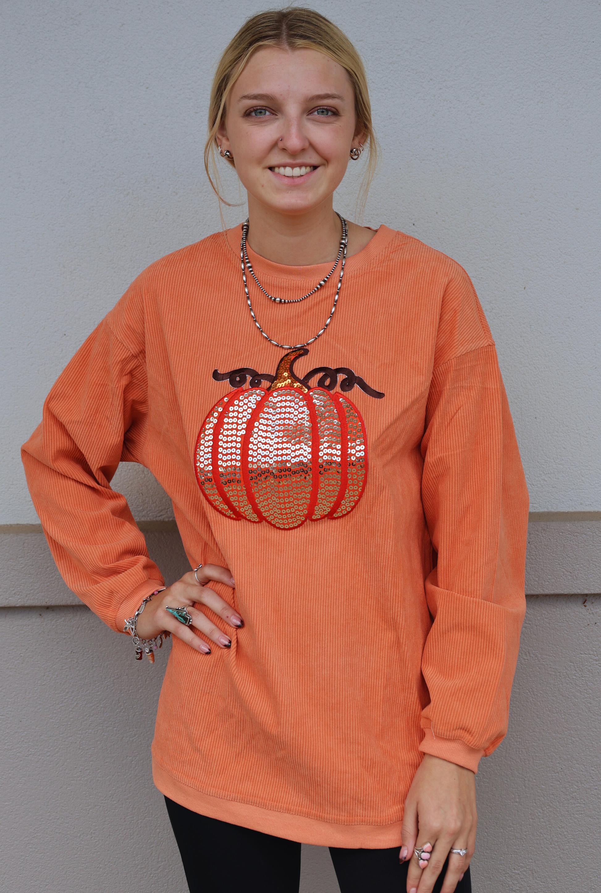 Sequined Pumpkin Halloween Corduroy Sweatshirt
