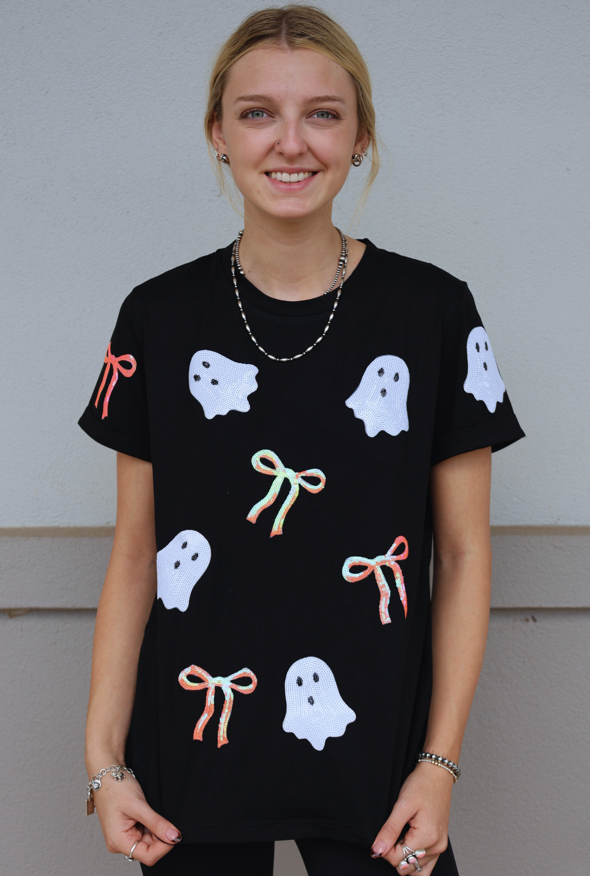 Sequin Bow Ghost Patch Halloween Top