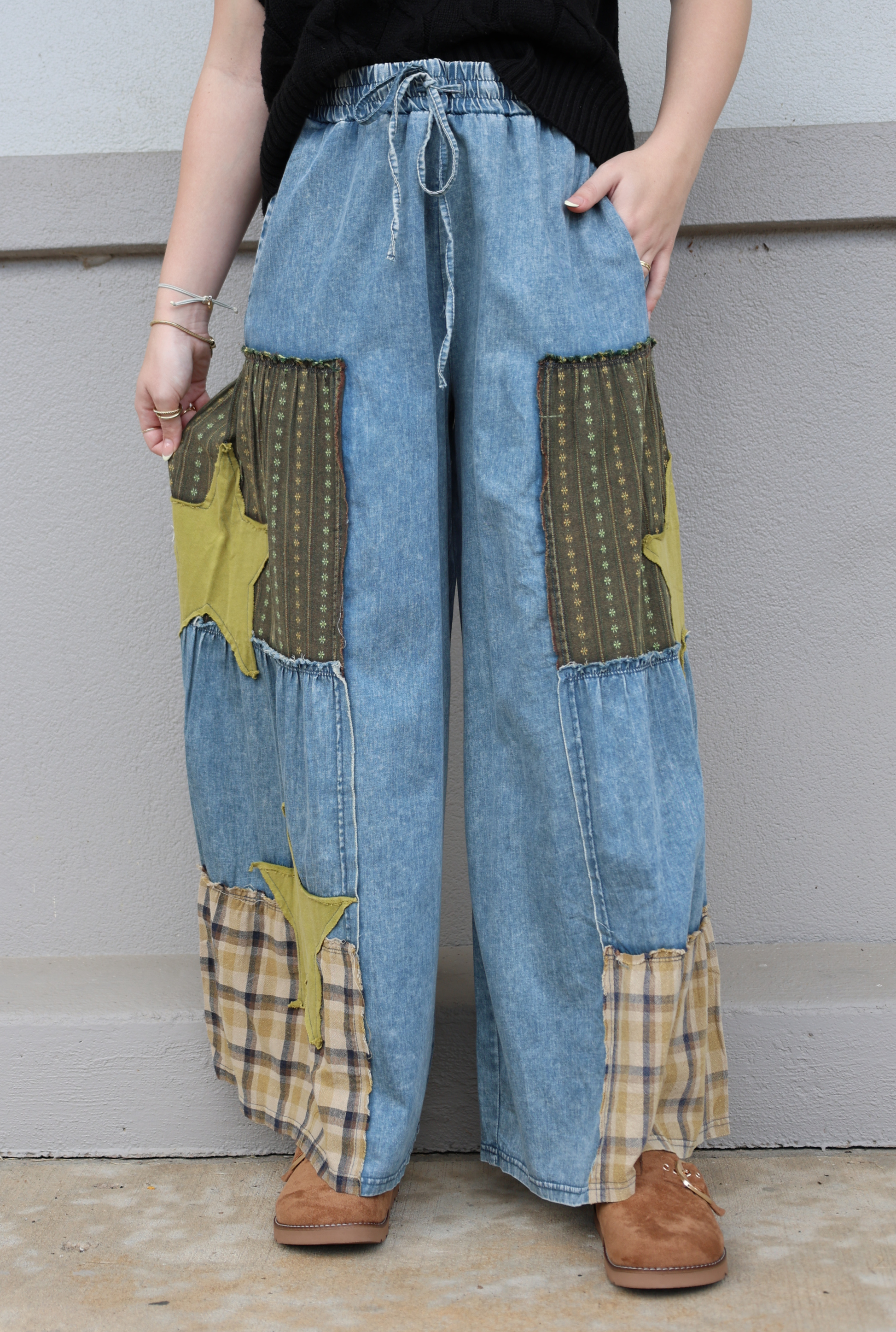 MIXED PRINT MINERAL WASHED CHAMBRAY PANTS