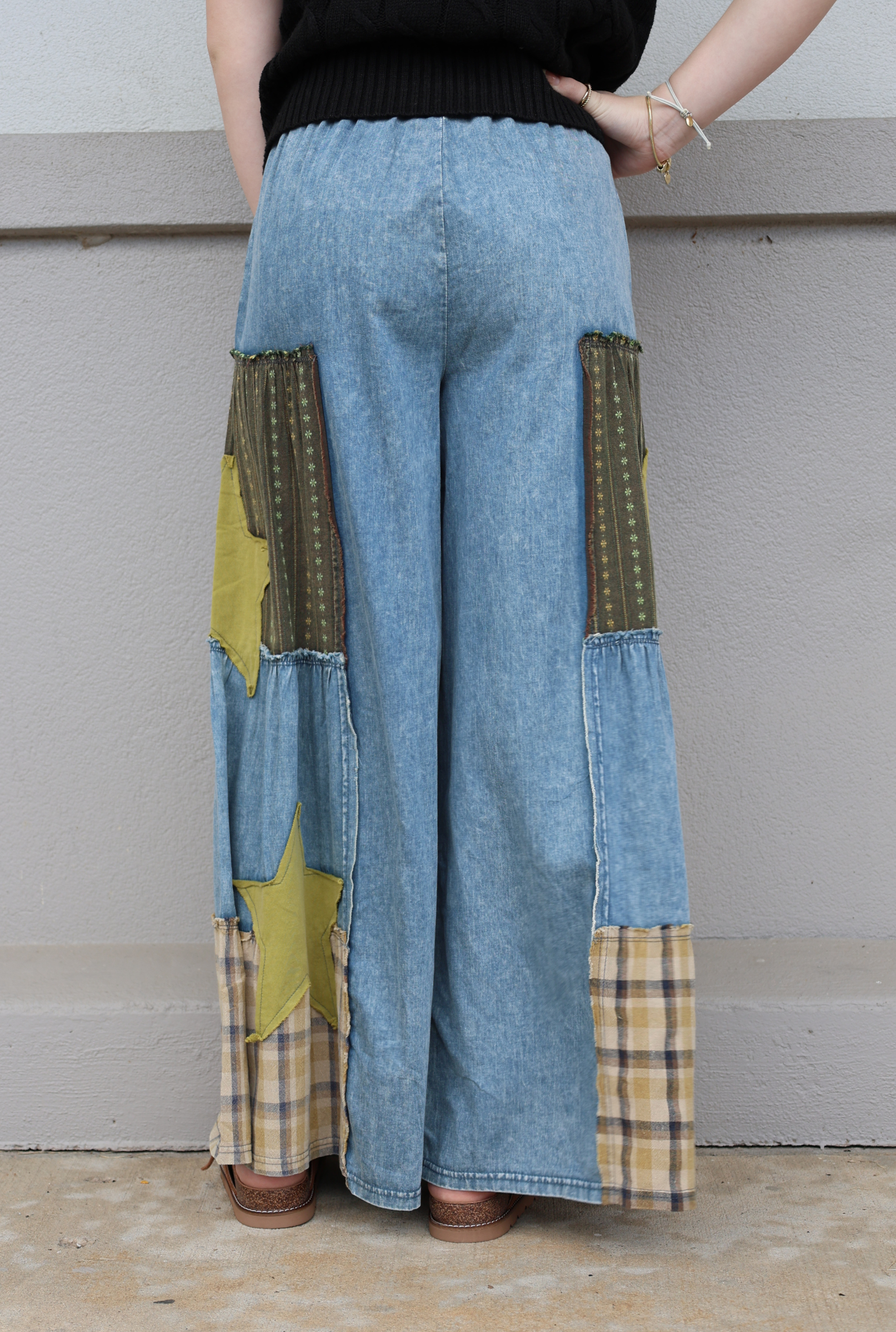 MIXED PRINT MINERAL WASHED CHAMBRAY PANTS