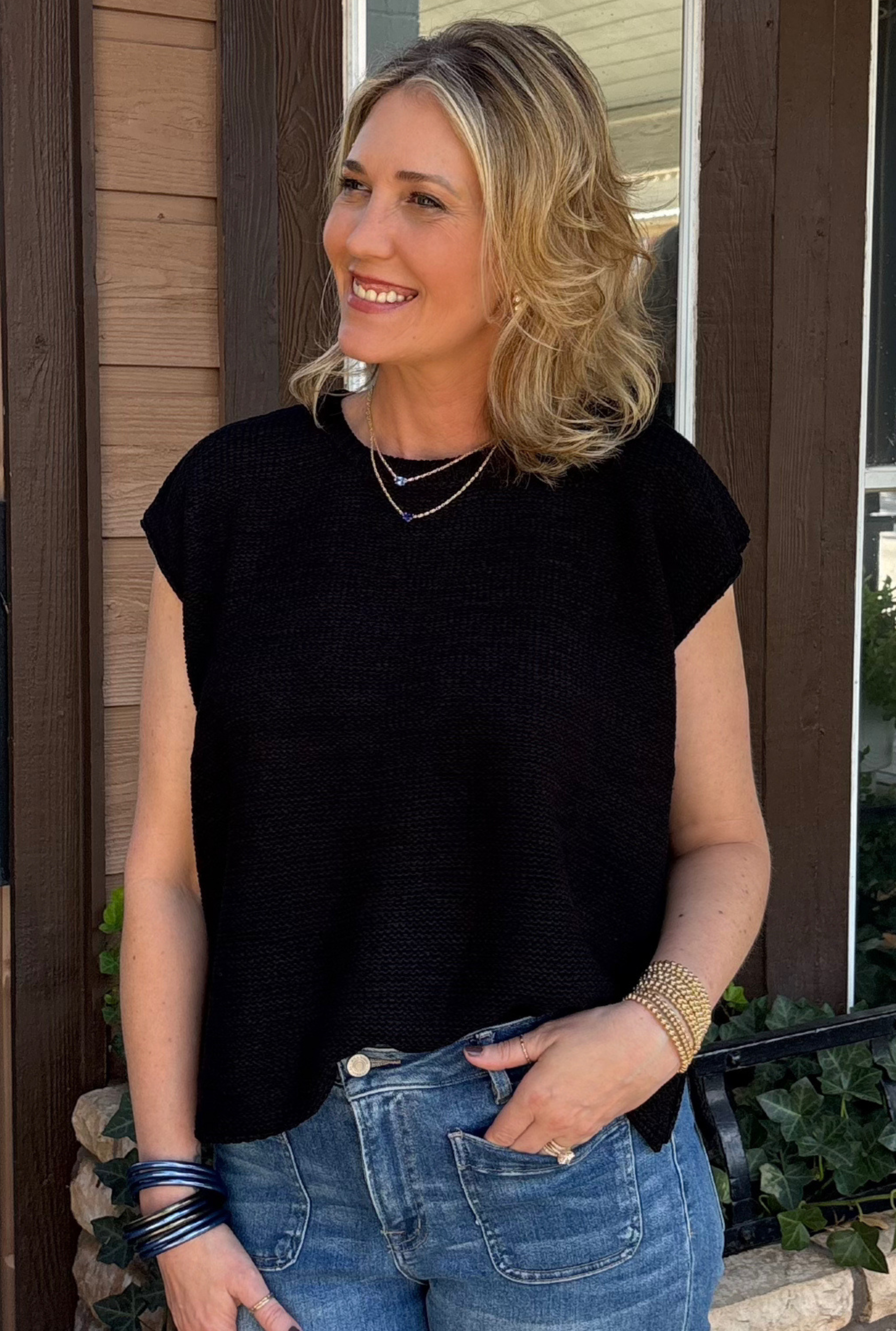 BLACK OVERSIZED CREW NECK SWEATER VEST