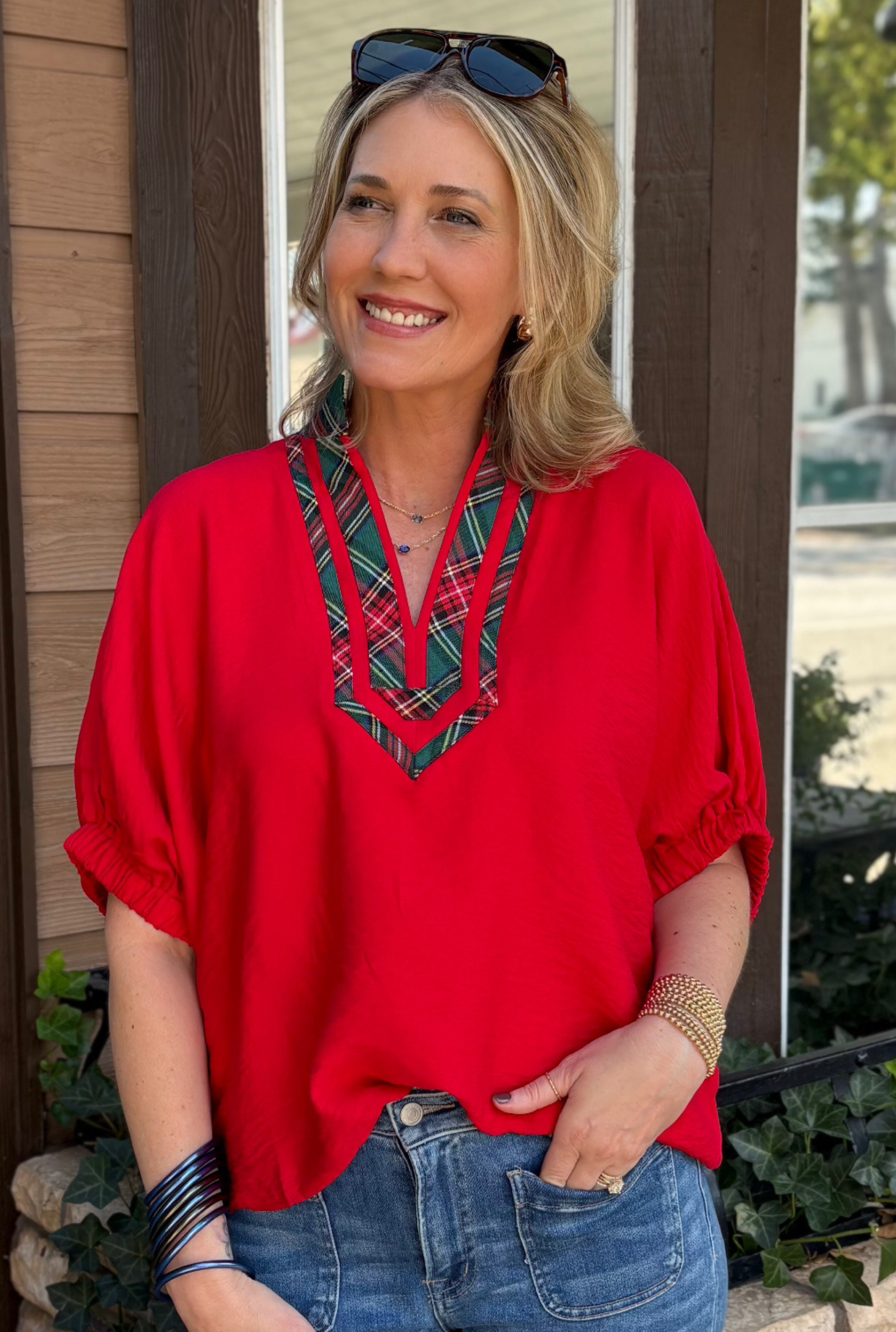 RED ROXY PLAID TOP