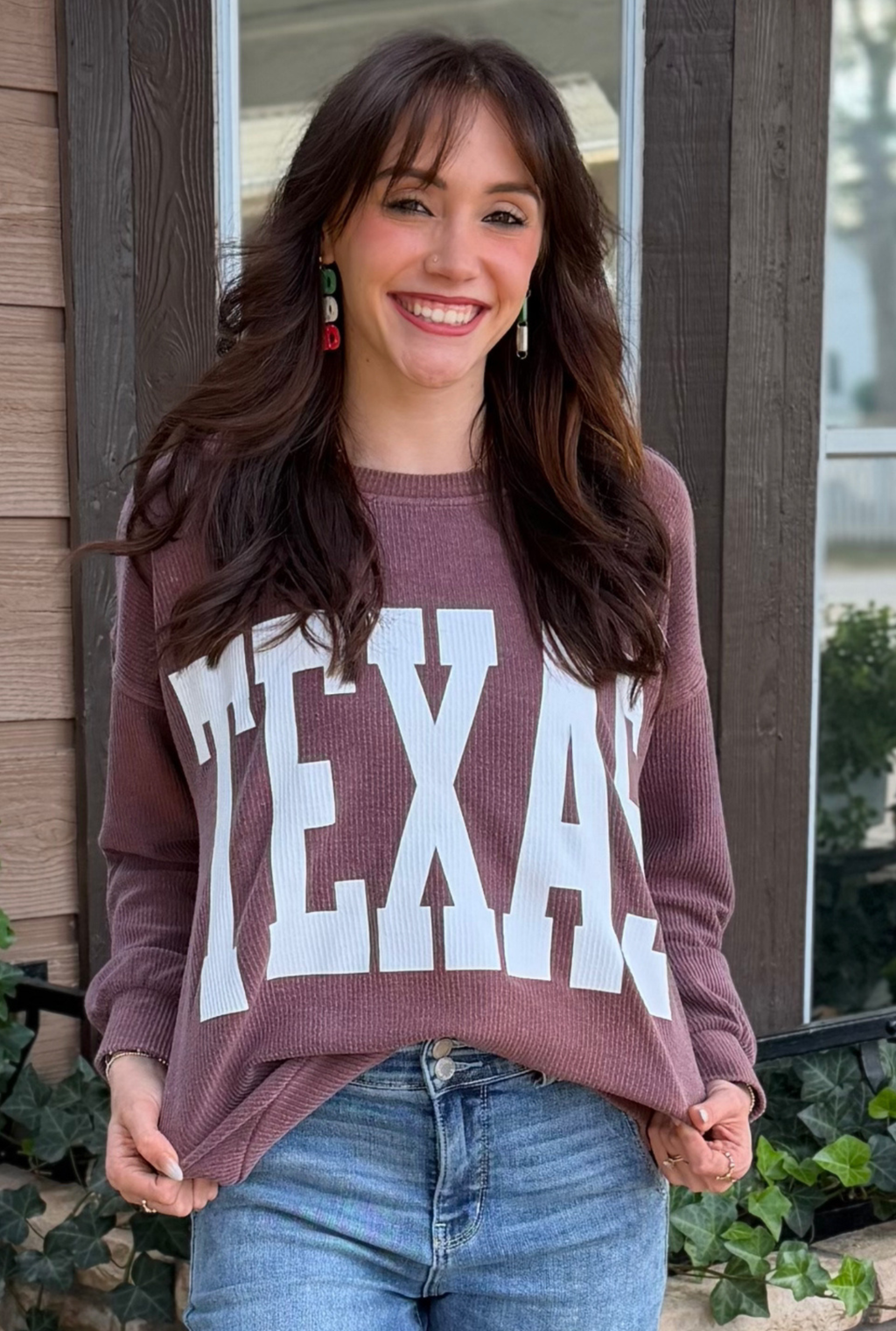 Burgundy Texas Long Sleeve Knit Top