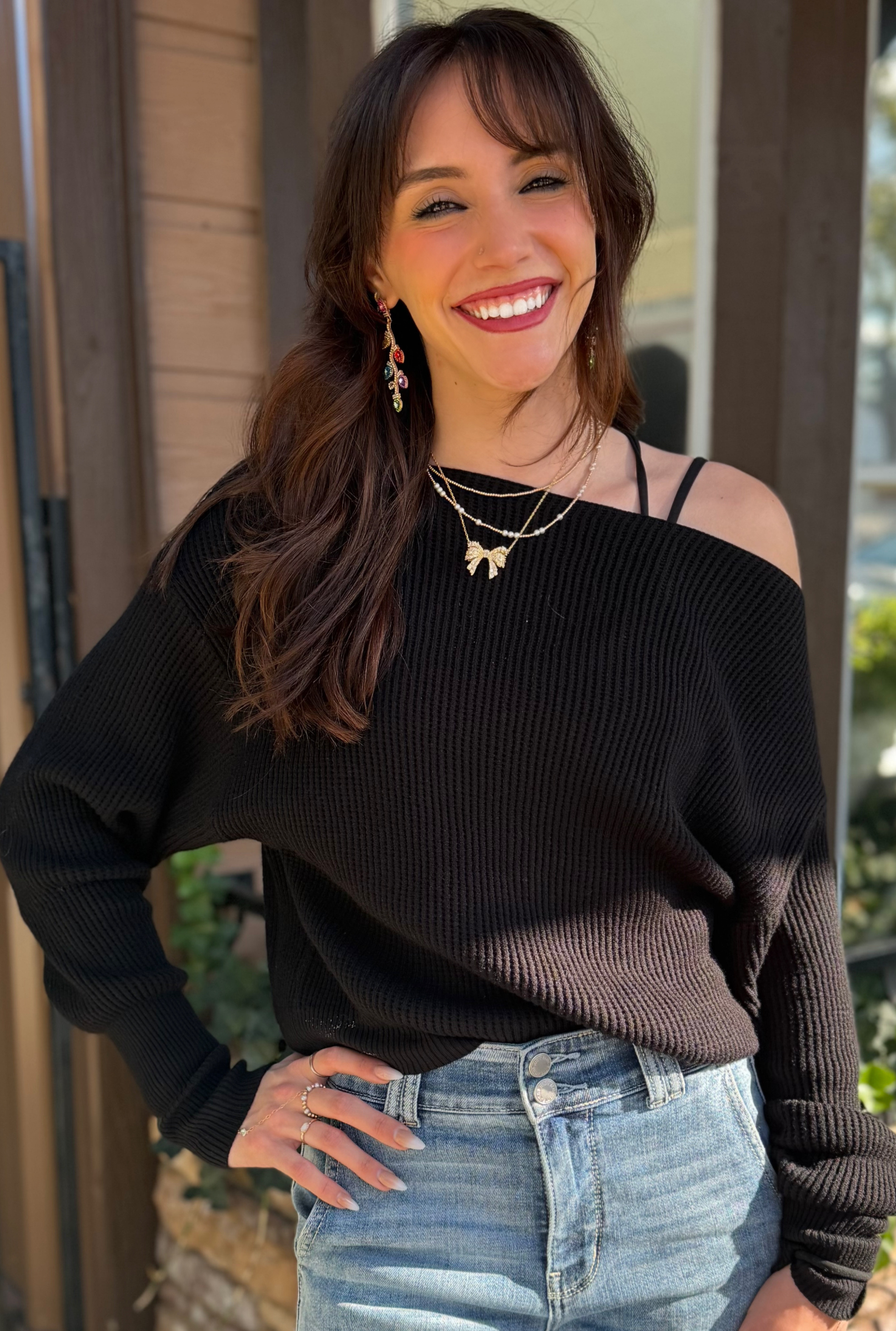 BLACK WAFFLE KNIT OFF SHOULDER TOP