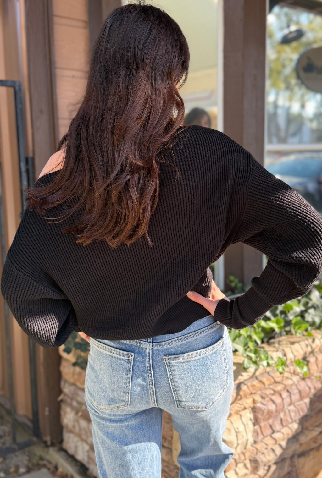 BLACK WAFFLE KNIT OFF SHOULDER TOP