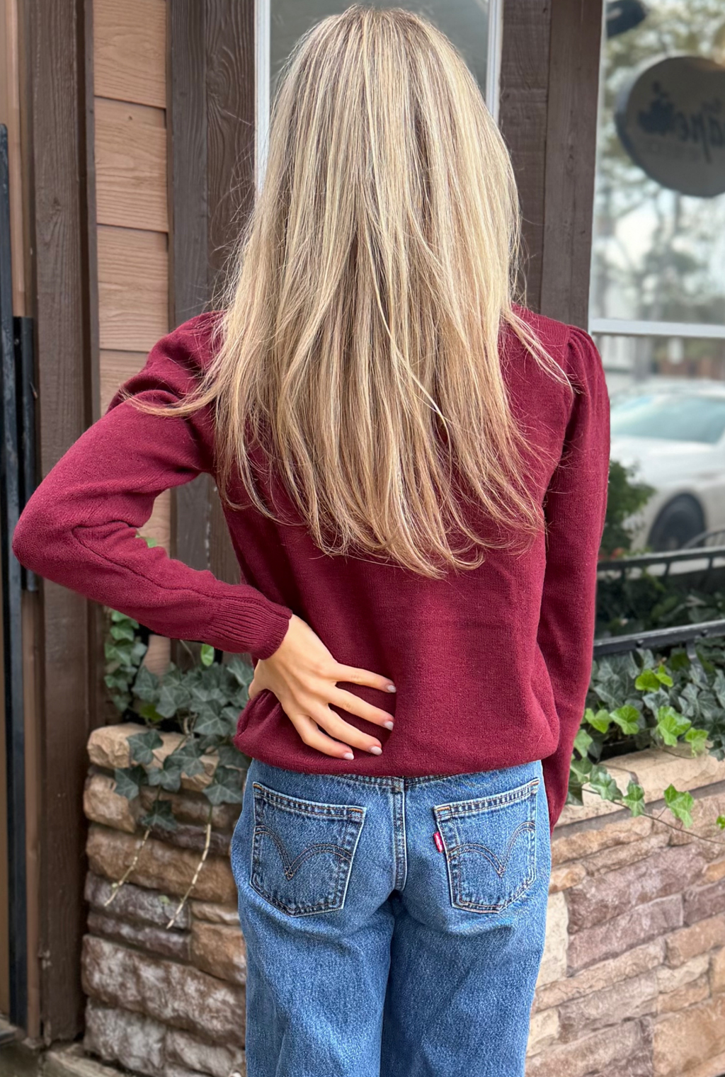 BURGUNDY FLORAL STITCHED SWEATER