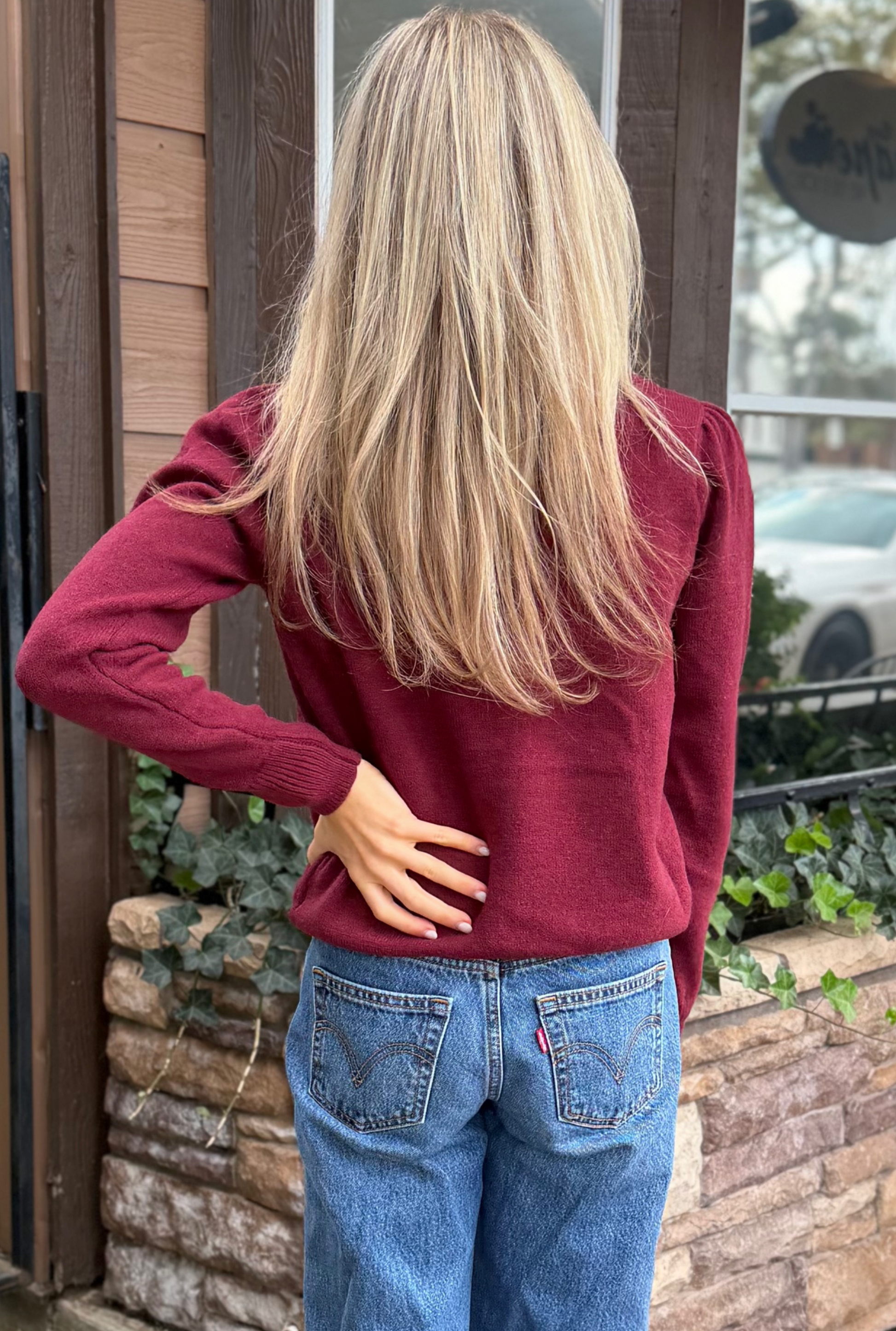 BURGUNDY FLORAL STITCHED SWEATER
