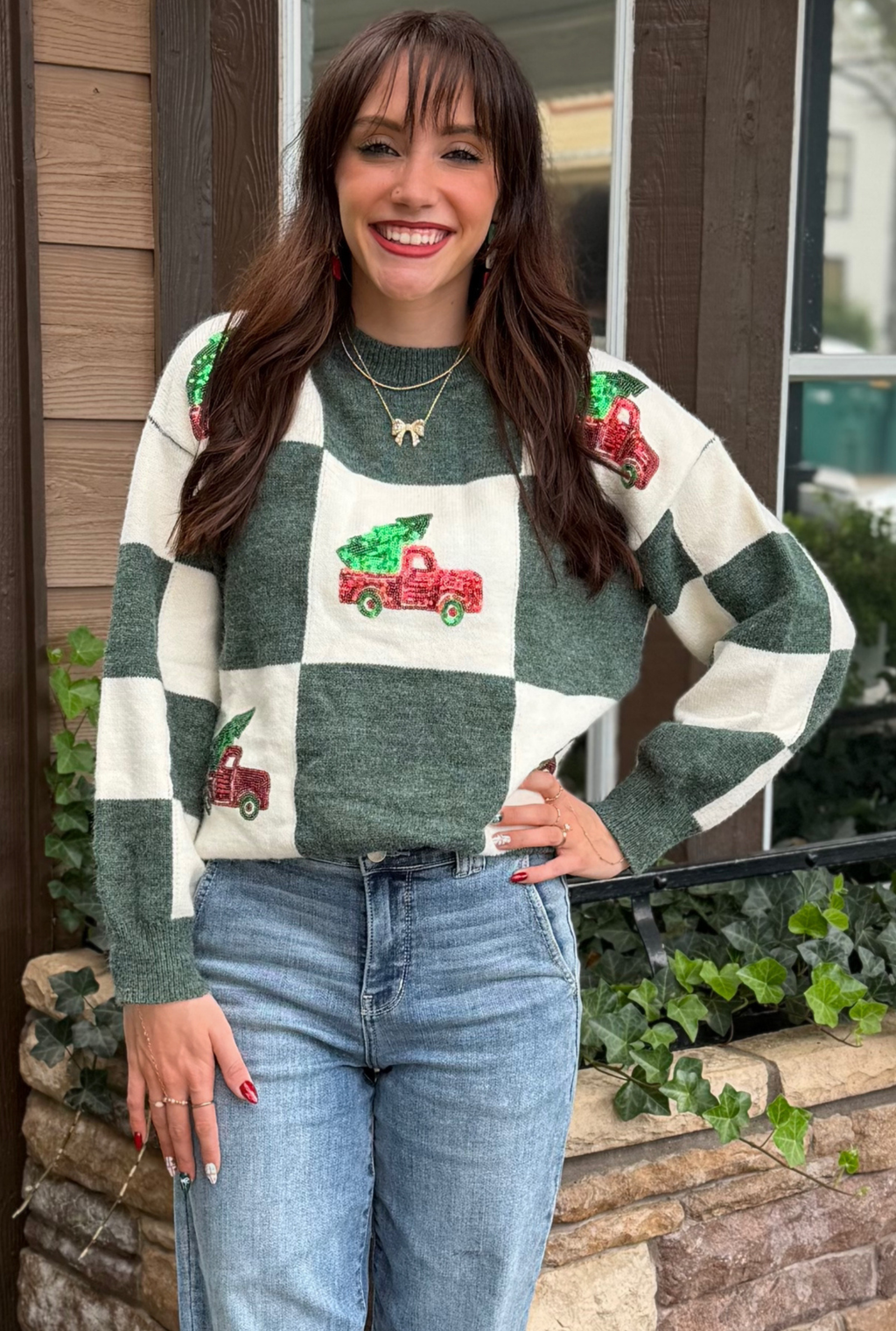 CHRISTMAS TRUCK SEQUIN PATCH CHECKER SWEATER