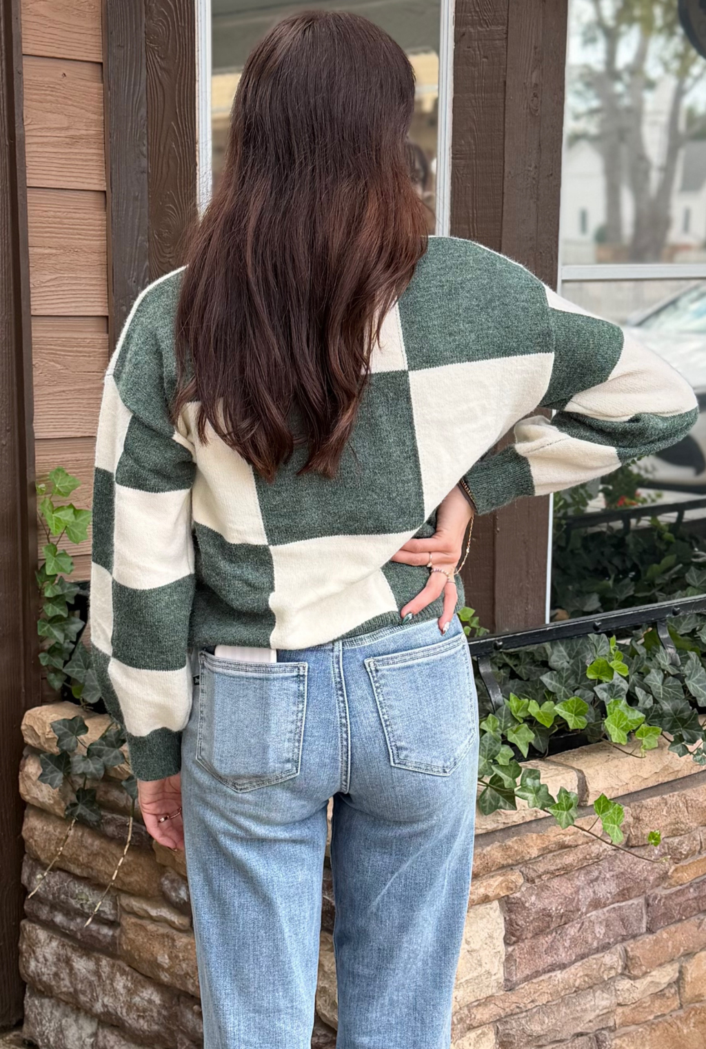 CHRISTMAS TRUCK SEQUIN PATCH CHECKER SWEATER