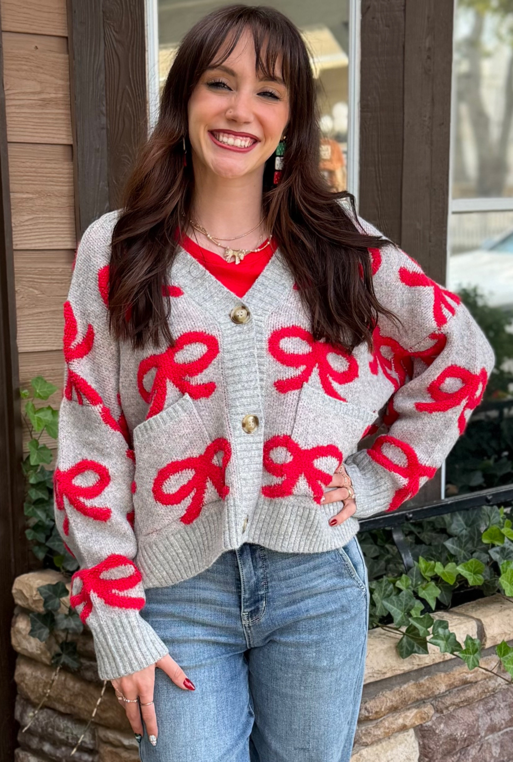 BOW PATTERN BUTTON DOWN KNIT CARDIGAN