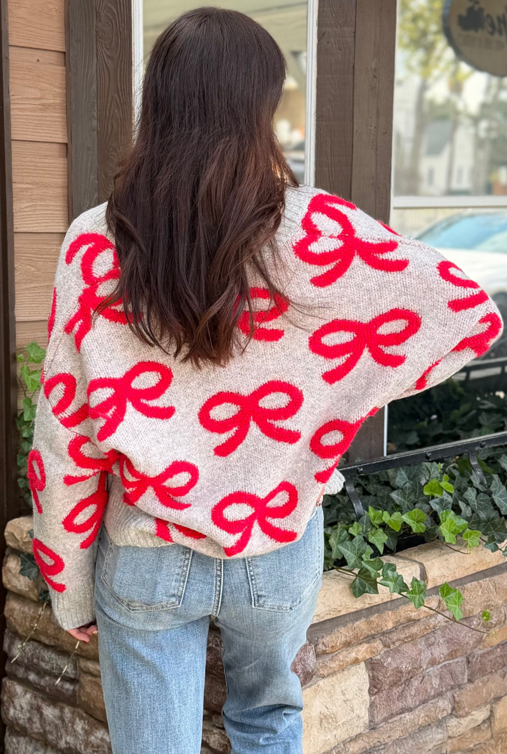 BOW PATTERN BUTTON DOWN KNIT CARDIGAN