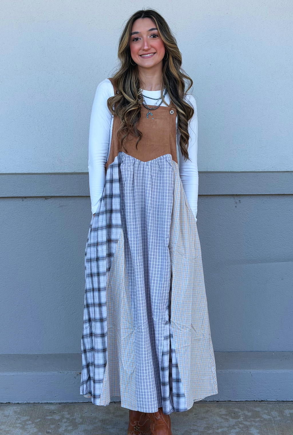 PATCHWORK PLAID OVERALL DRESS