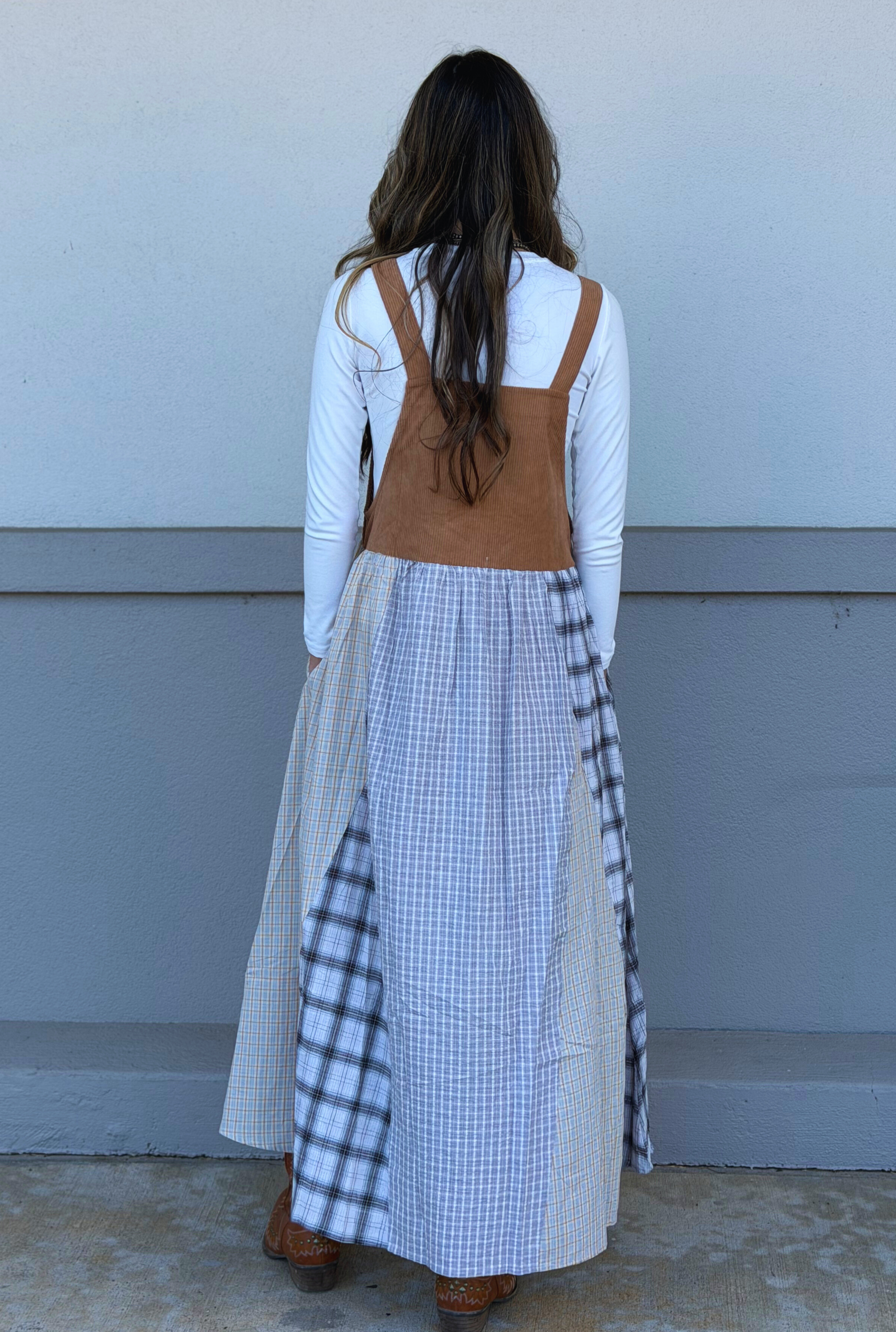 PATCHWORK PLAID OVERALL DRESS