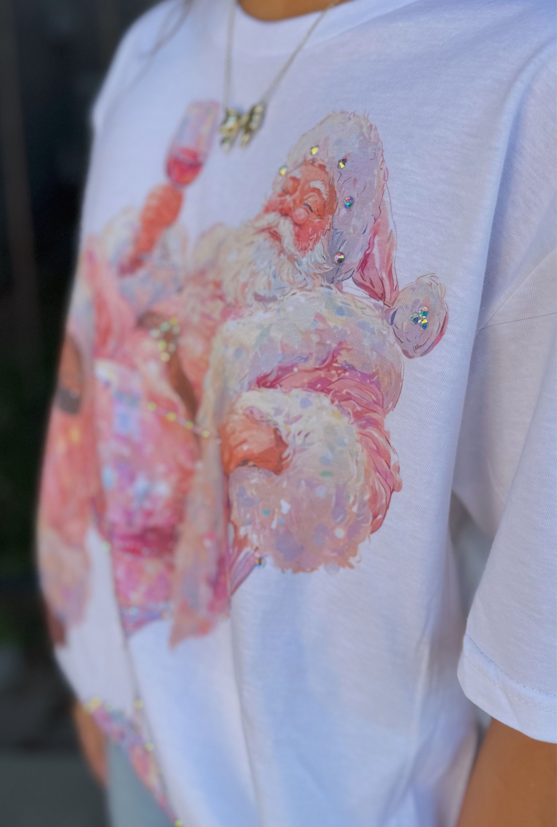 RHINESTONE SANTA WINE GLASS GRAPHIC TEE