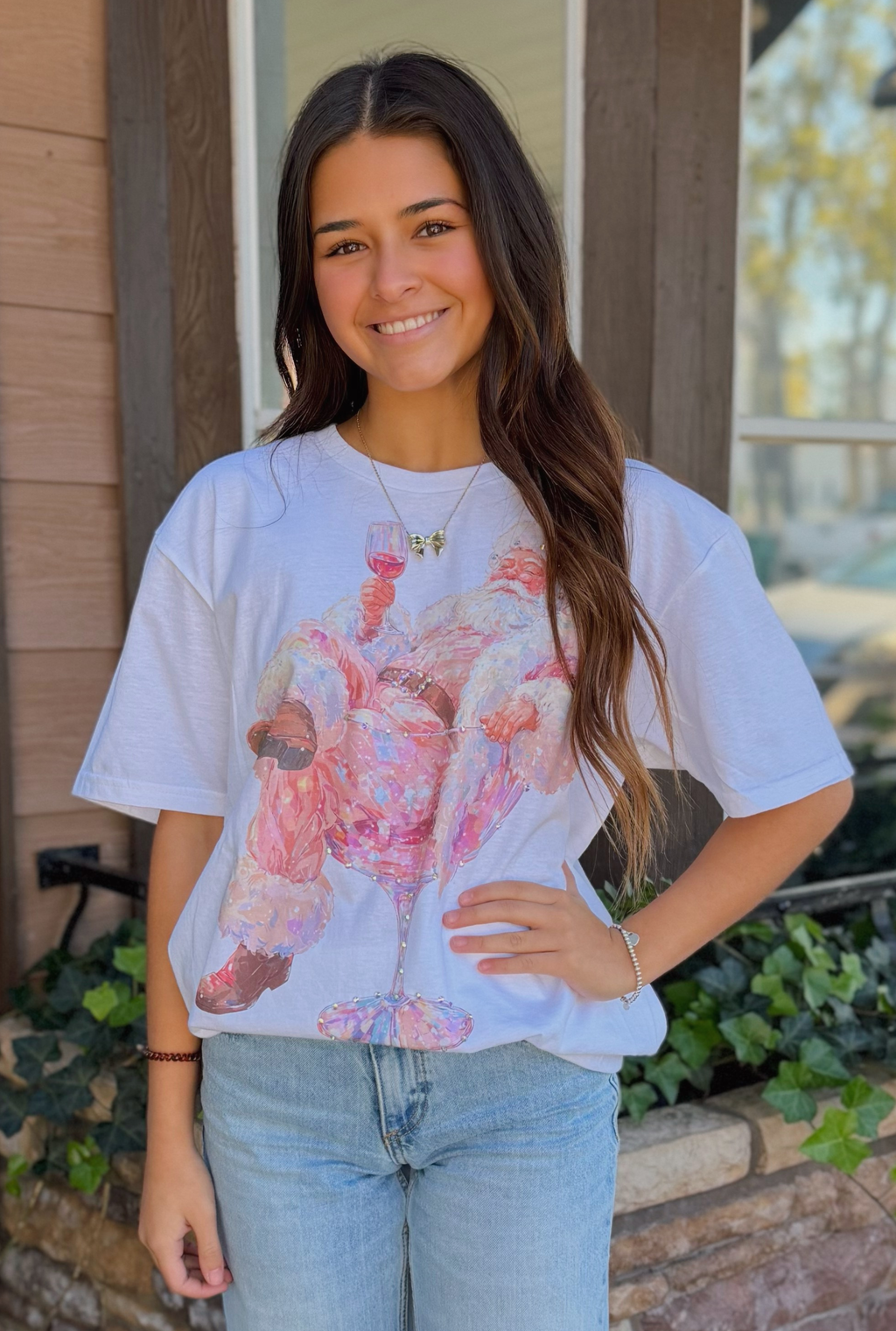 RHINESTONE SANTA WINE GLASS GRAPHIC TEE