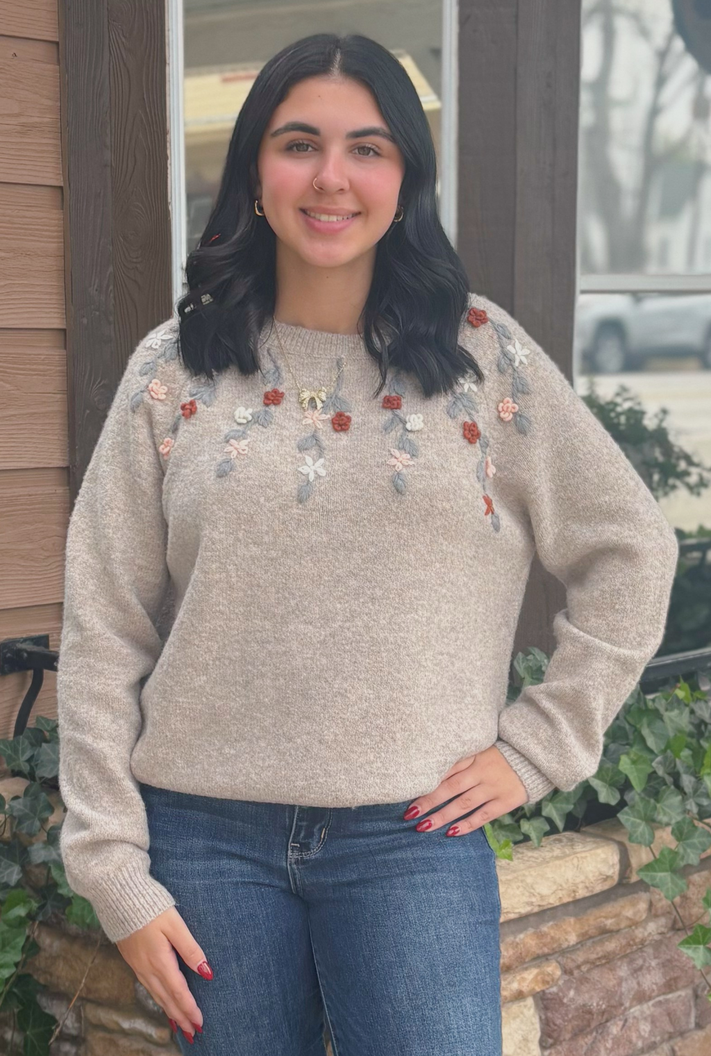 MOCHA FLORAL EMBROIDERED SWEATER