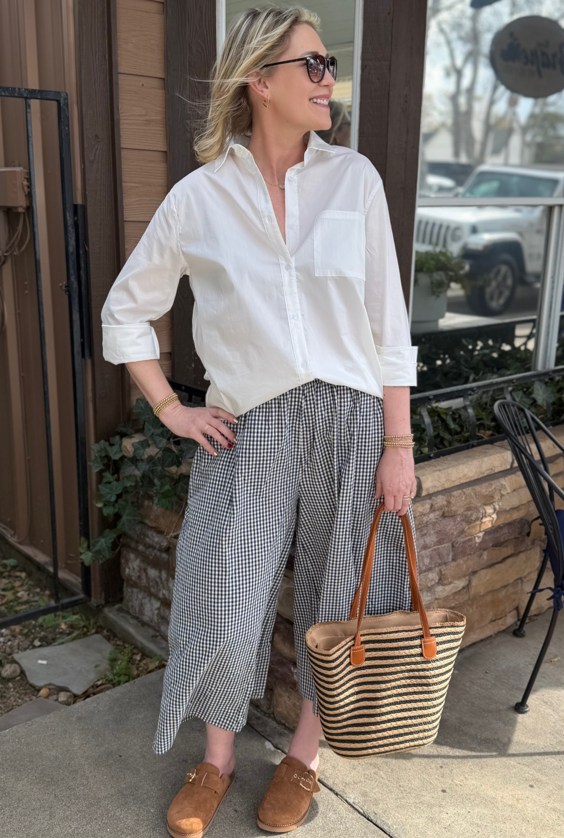 NAVY GINGHAM PATTERN WIDE SOFT WASHED PANTS