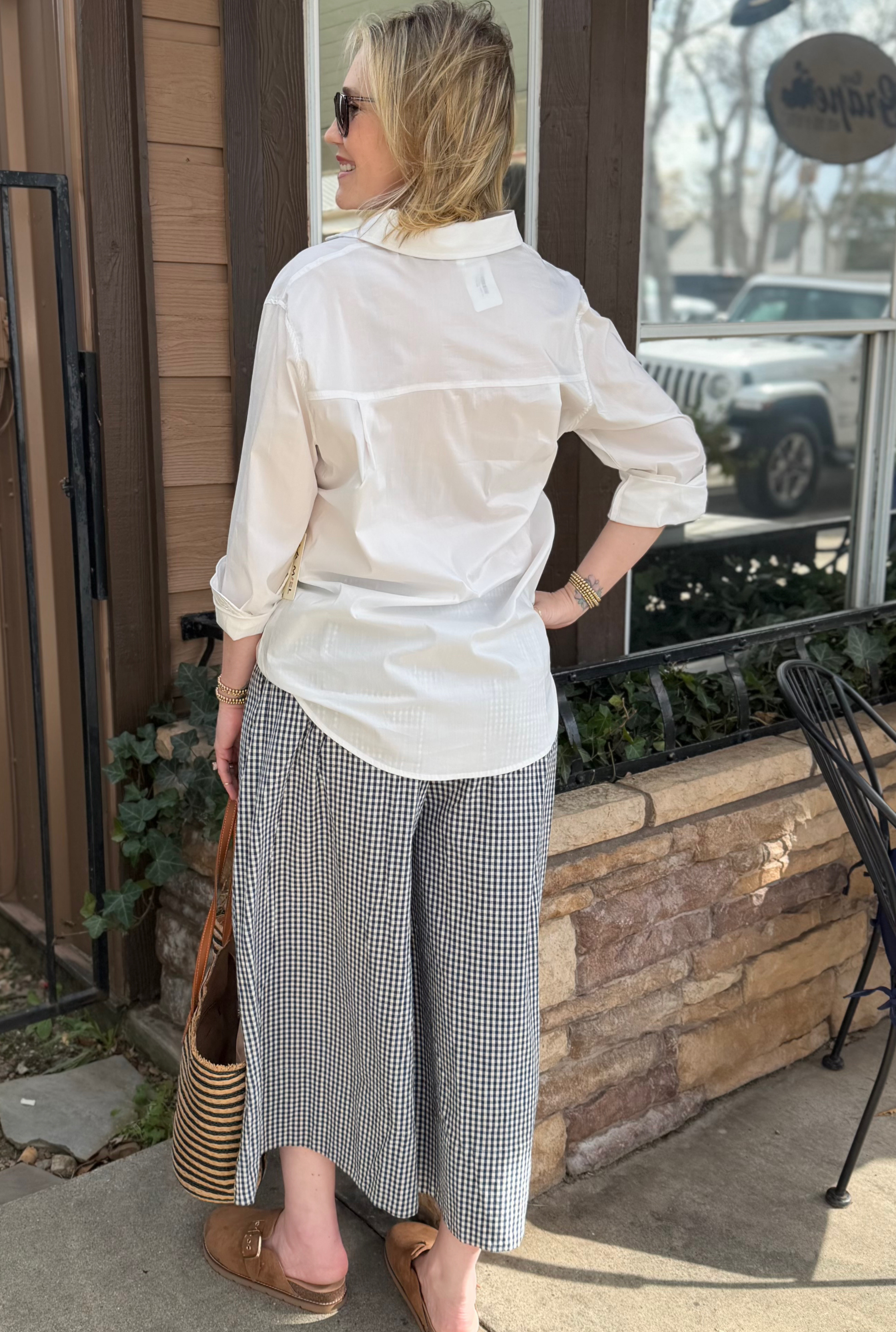 NAVY GINGHAM PATTERN WIDE SOFT WASHED PANTS