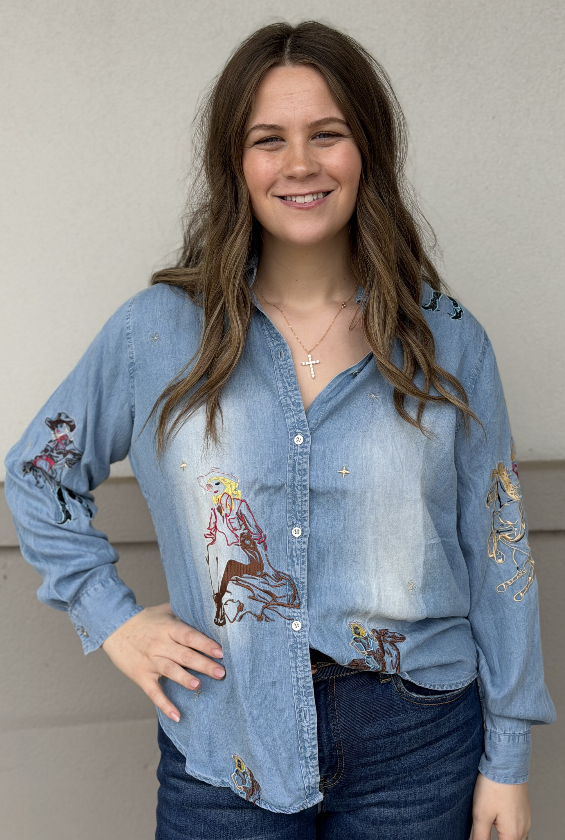 Western Motif Embroidered Tencel Top