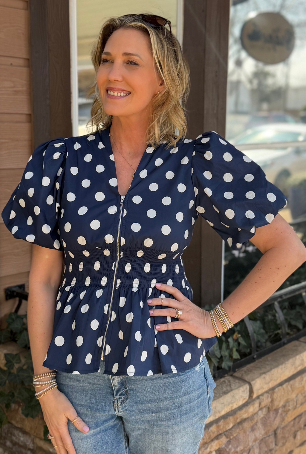 NAVY ON THE DOT TOP