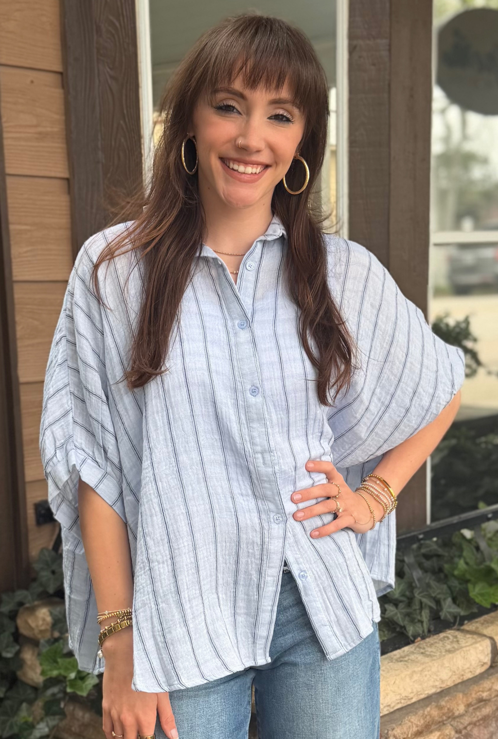 BLUE OVERSIZED STRIPED ANNIE TOP