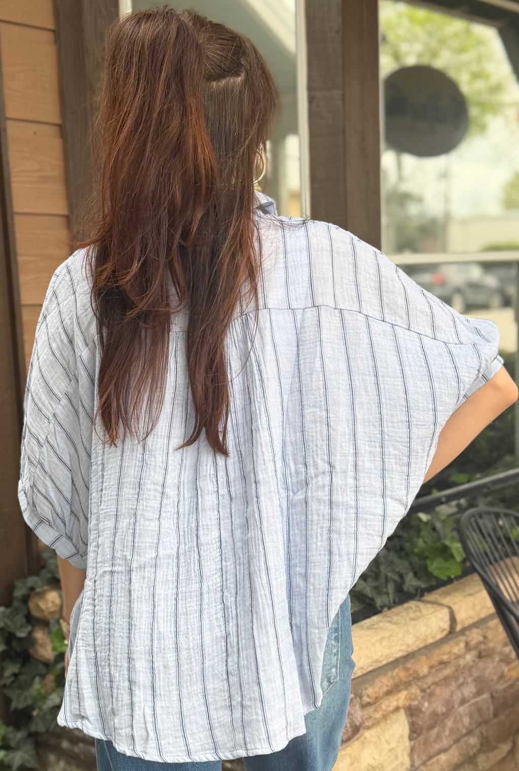 BLUE OVERSIZED STRIPED ANNIE TOP
