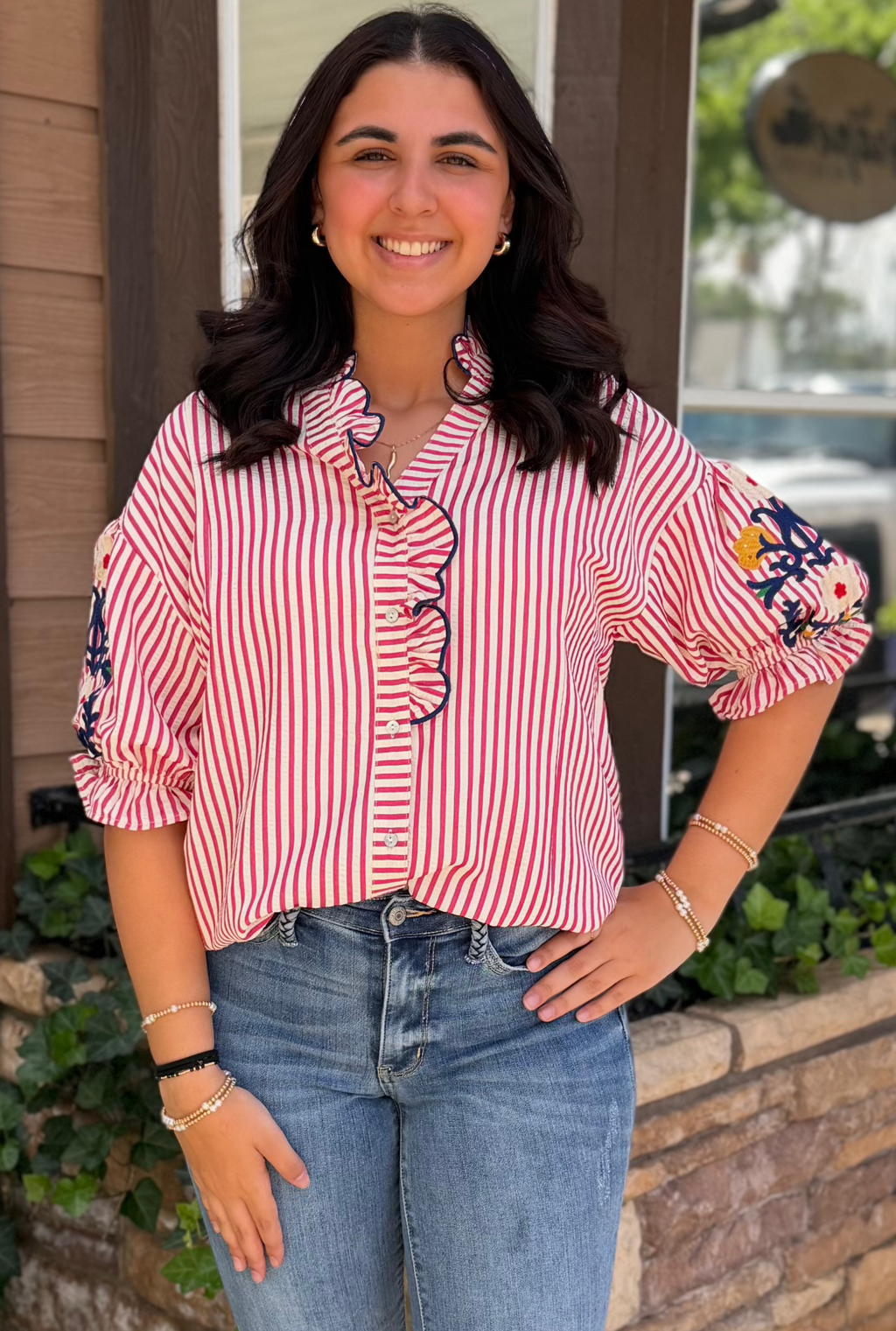 RASPBERRY STRIPE FLORAL TOP
