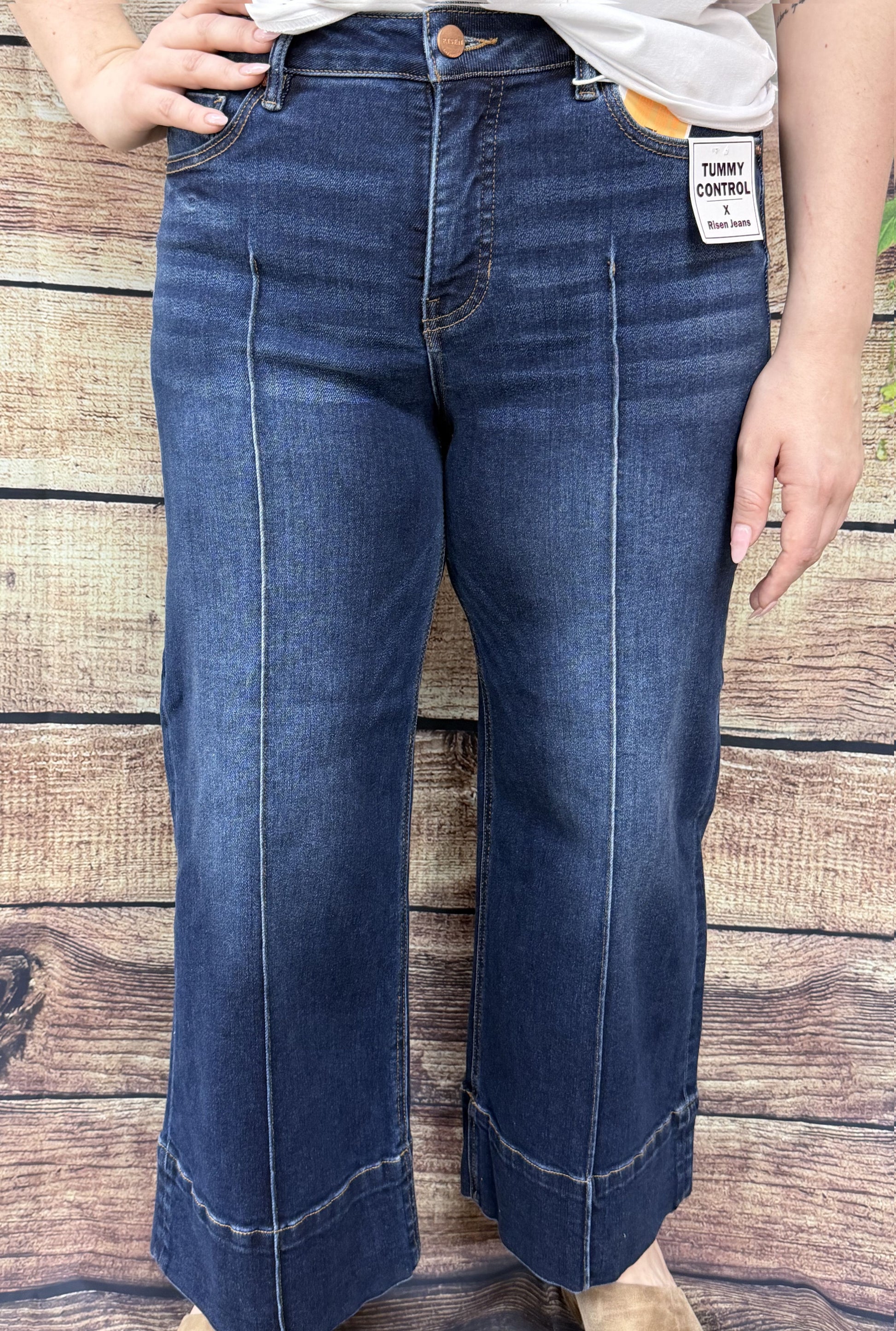 DARK TUMMY CONTROL MID RISE CROP WIDE PINTUCK FRONT JEANS