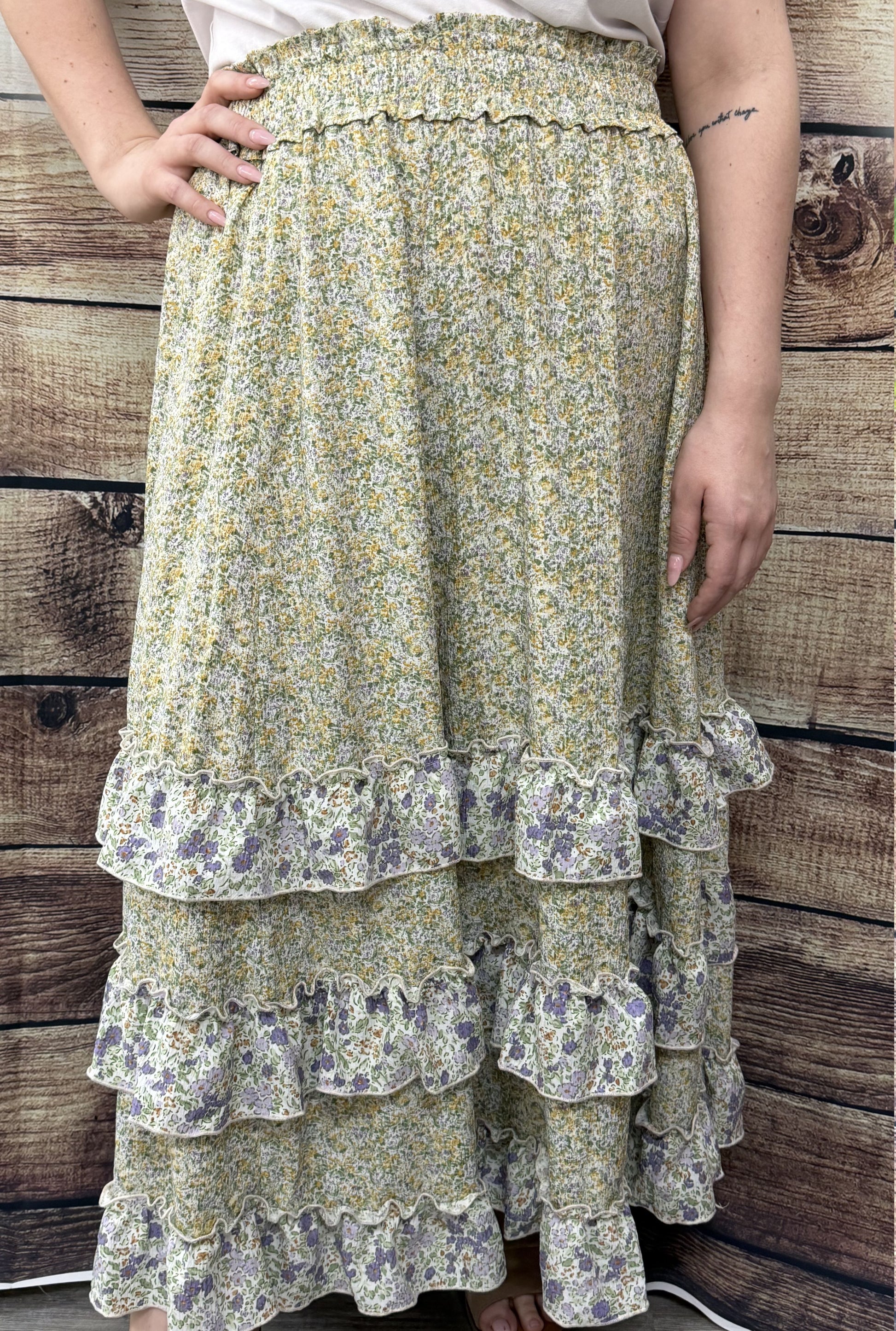 Green Floral Ruffle Maxi Skirt