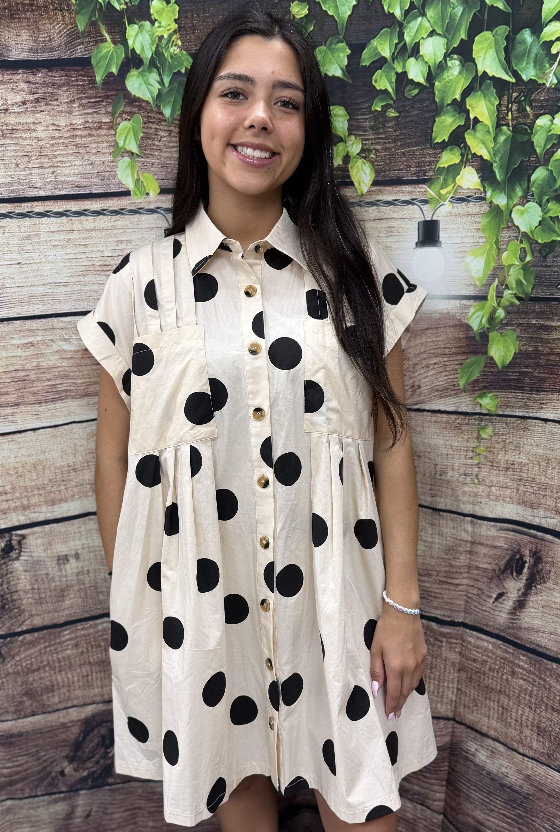 PLEATED POLKA DOT DRESS