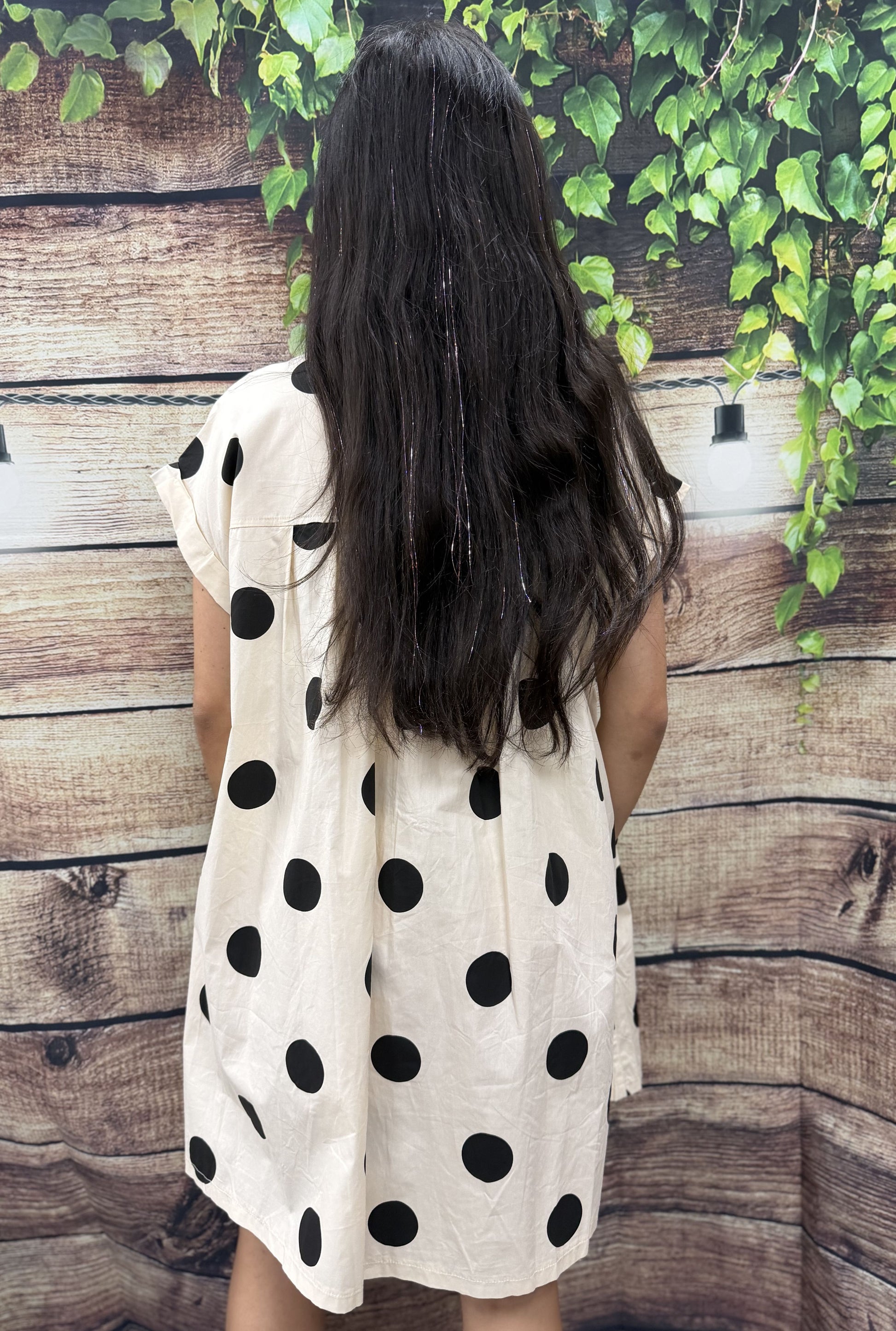 PLEATED POLKA DOT DRESS