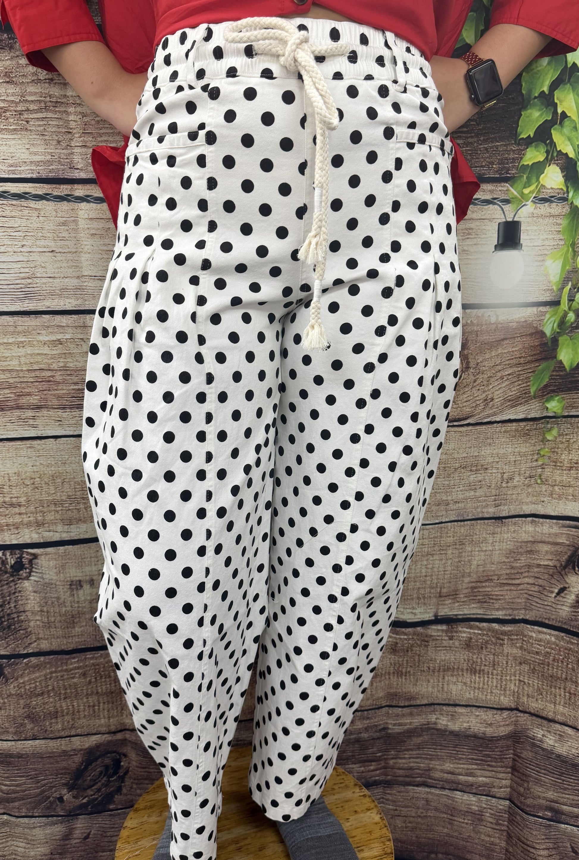 IVORY POLKA DOT BARREL PANTS