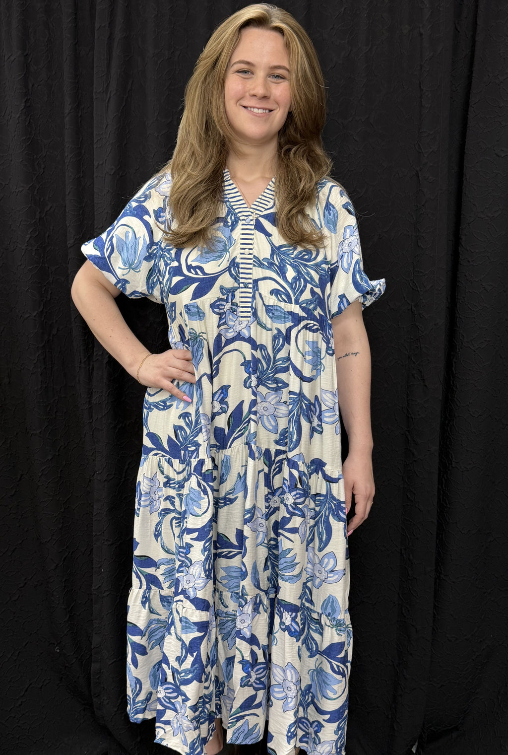 NAVY FLORAL LINEN DRESS