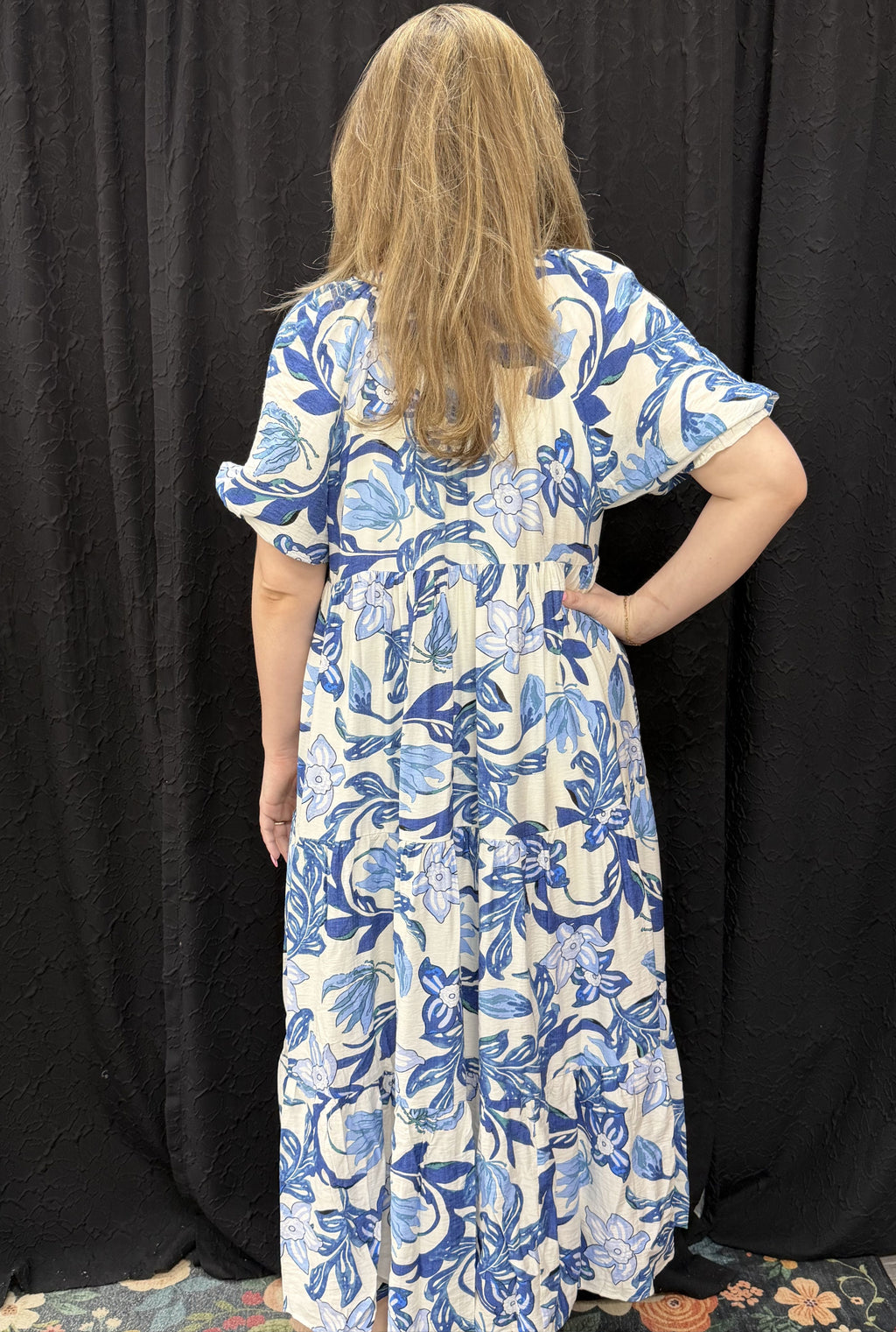 NAVY FLORAL LINEN DRESS