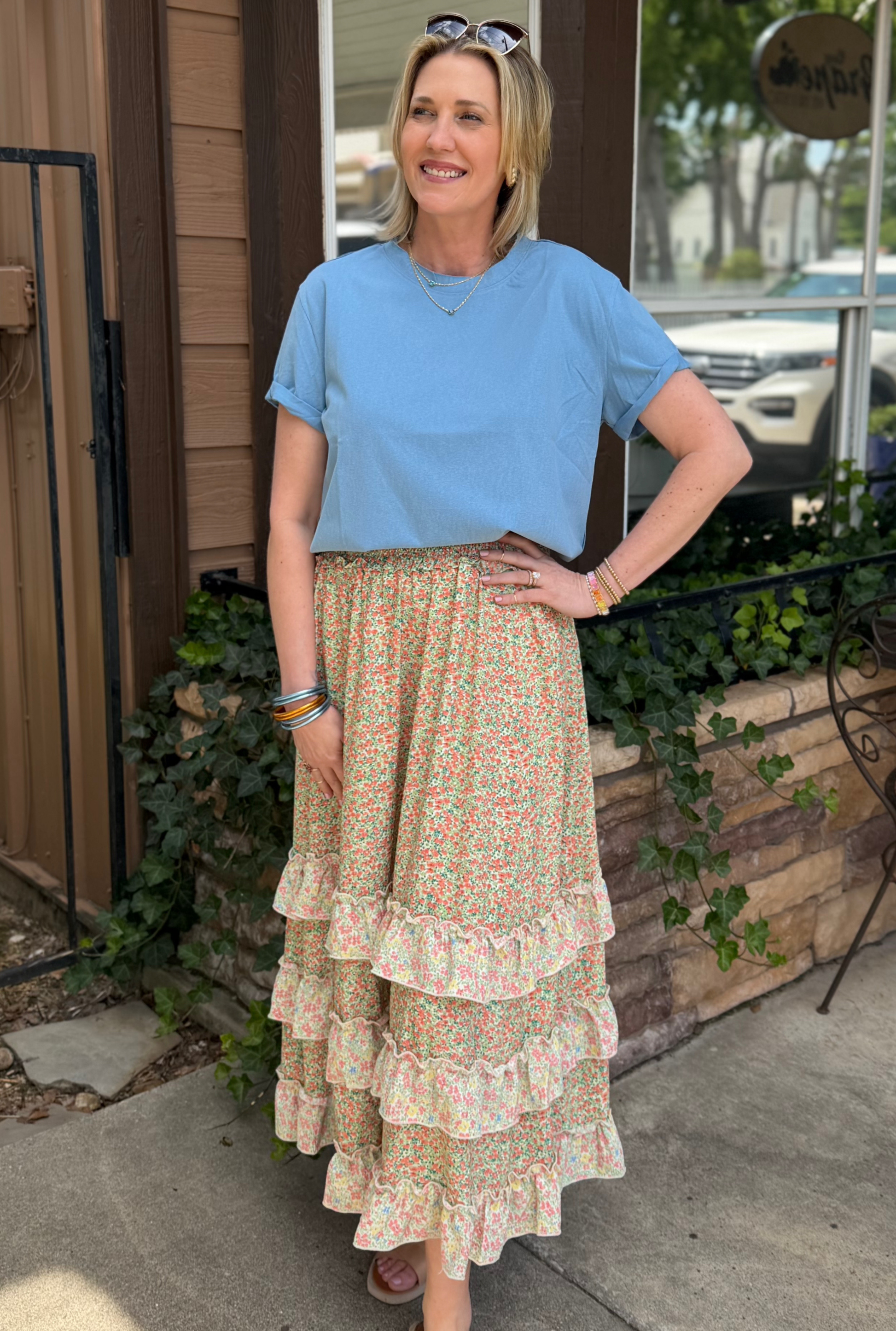 Coral Floral Ruffle Maxi Skirt