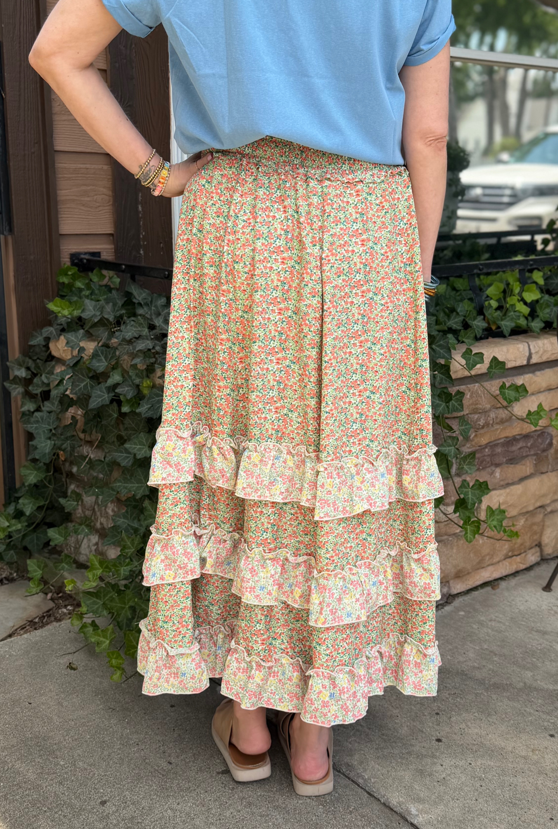 Coral Floral Ruffle Maxi Skirt